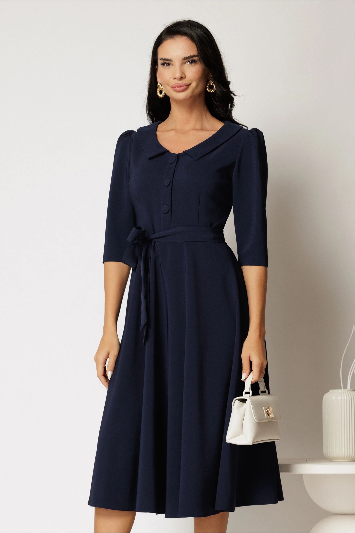 Rochie DY Fashion bleumarin cu cordon si nasturi pe bust
