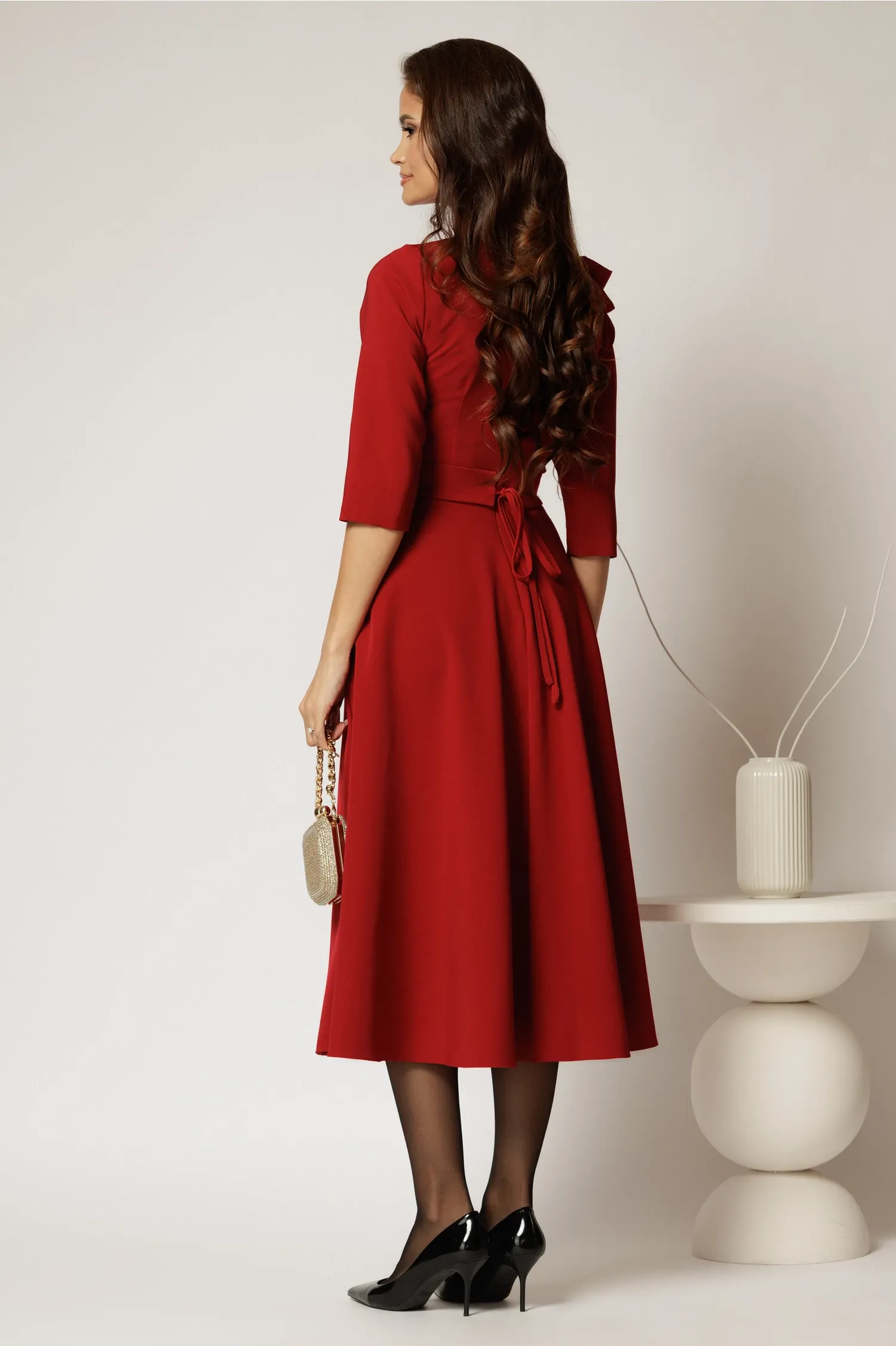 Rochie DY Fashion bordo clos cu trandafir la umar si cordon detasabil 2