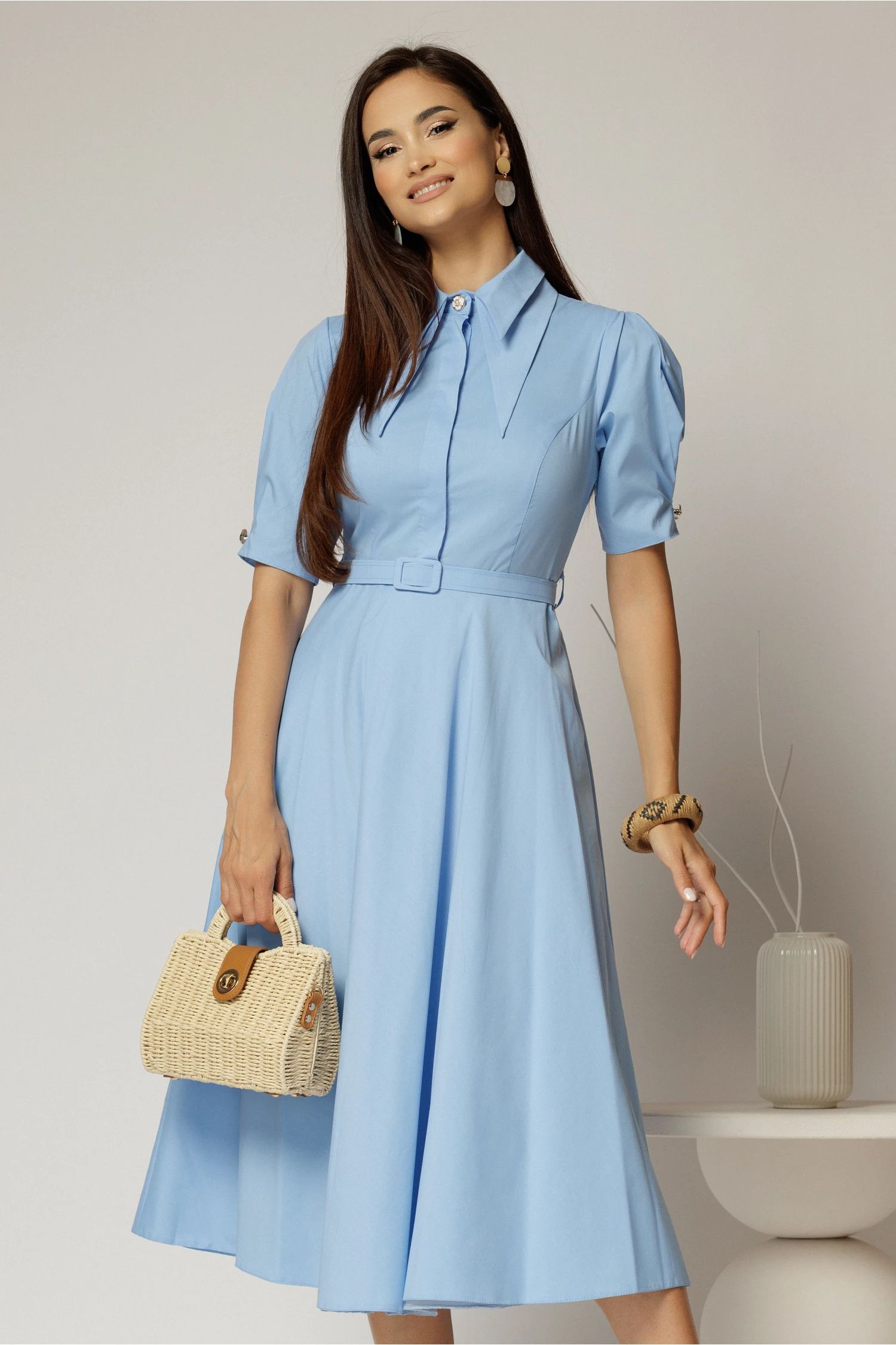 Rochie DY Fashion din poplin bleu cu guler dublu si nasture la guler