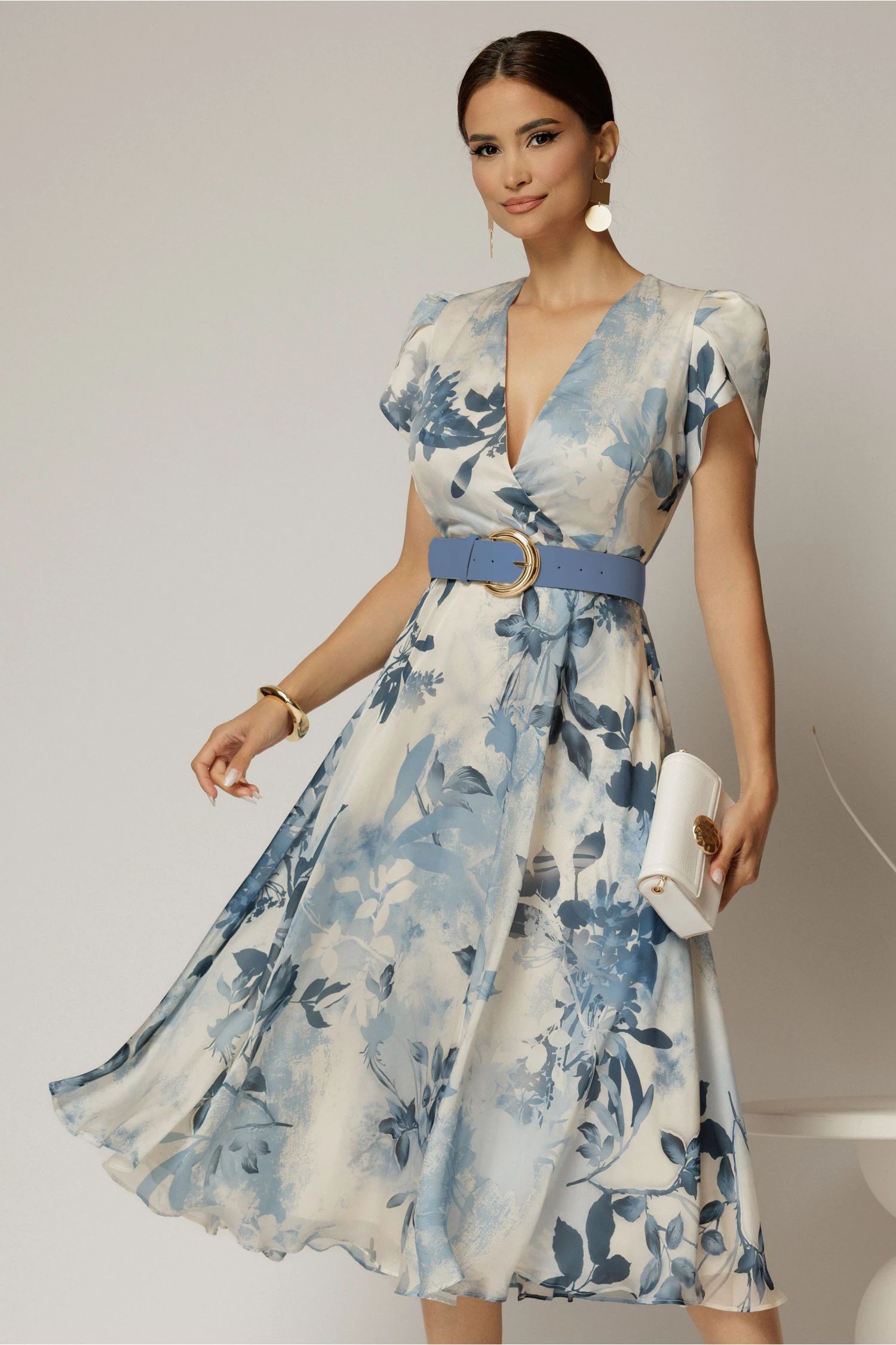 Rochie DY Fashion eleganta din voal satinat cu imprimeuri albastre