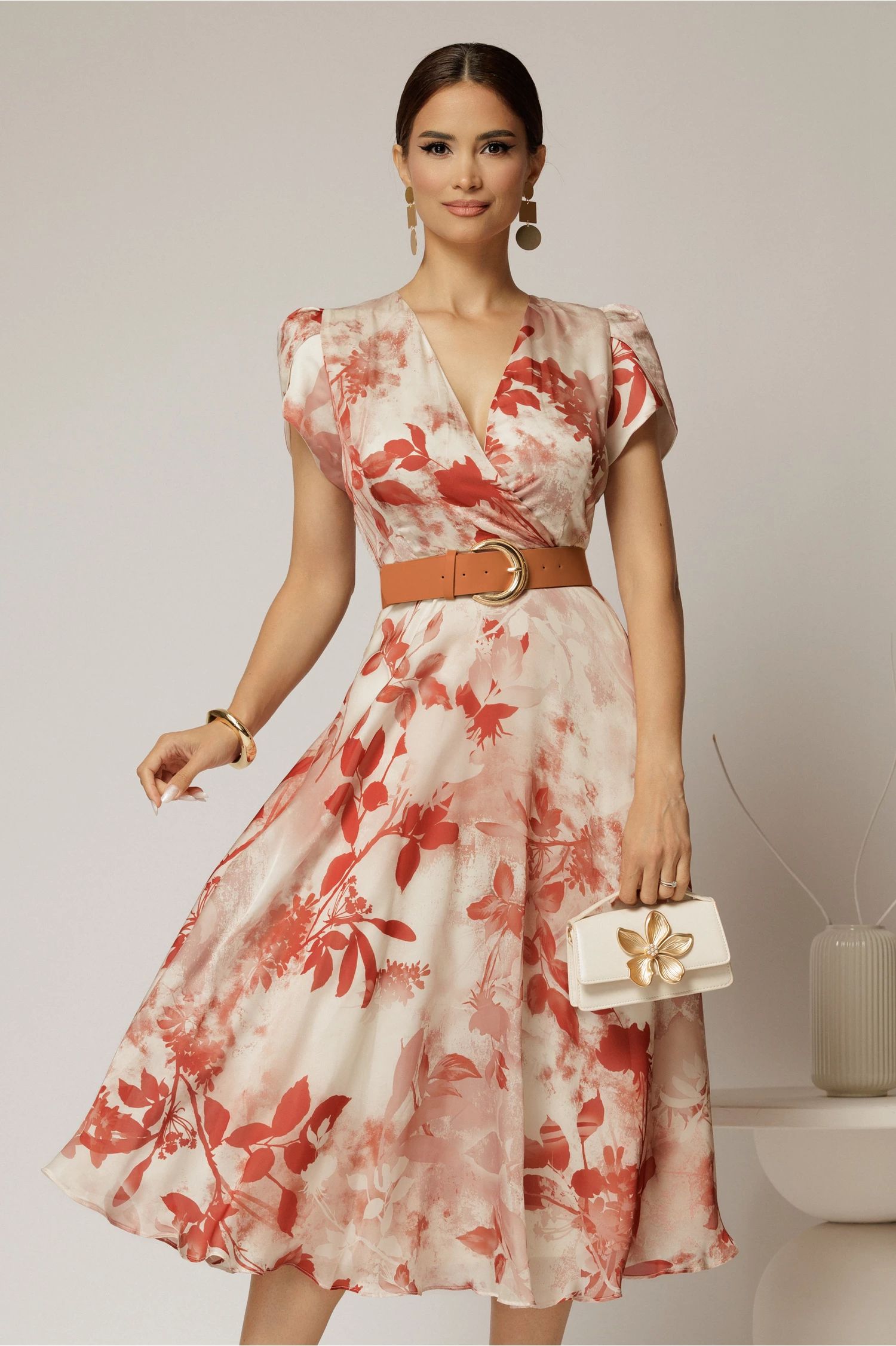 Rochie DY Fashion eleganta din voal satinat cu imprimeuri caramizii