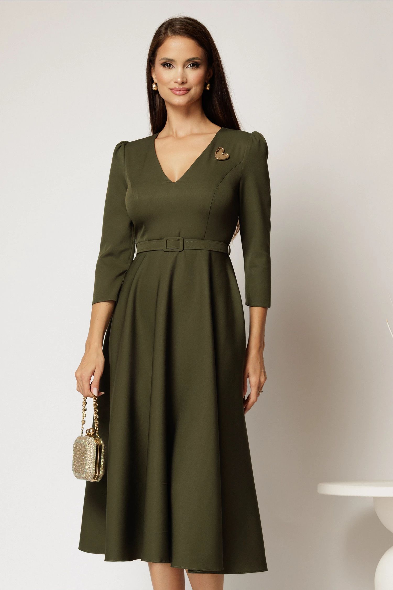 Rochie DY Fashion kaki clos cu decolteu V si curea in talie