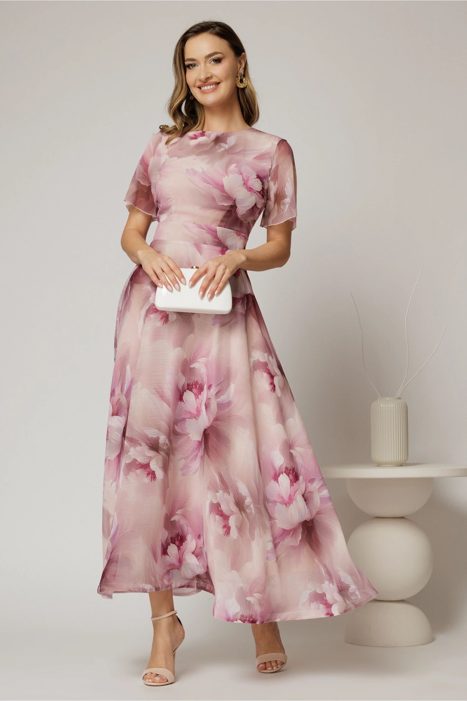 Rochie DY Fashion lunga cu imprimeu roz din voal creponat cu rijelina
