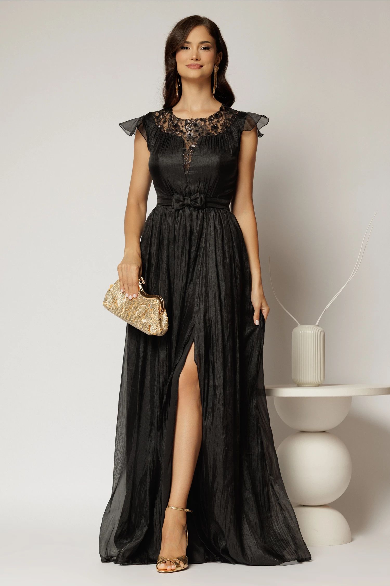 Rochie DY Fashion lunga neagra de seara din voal creponat si funda in talie