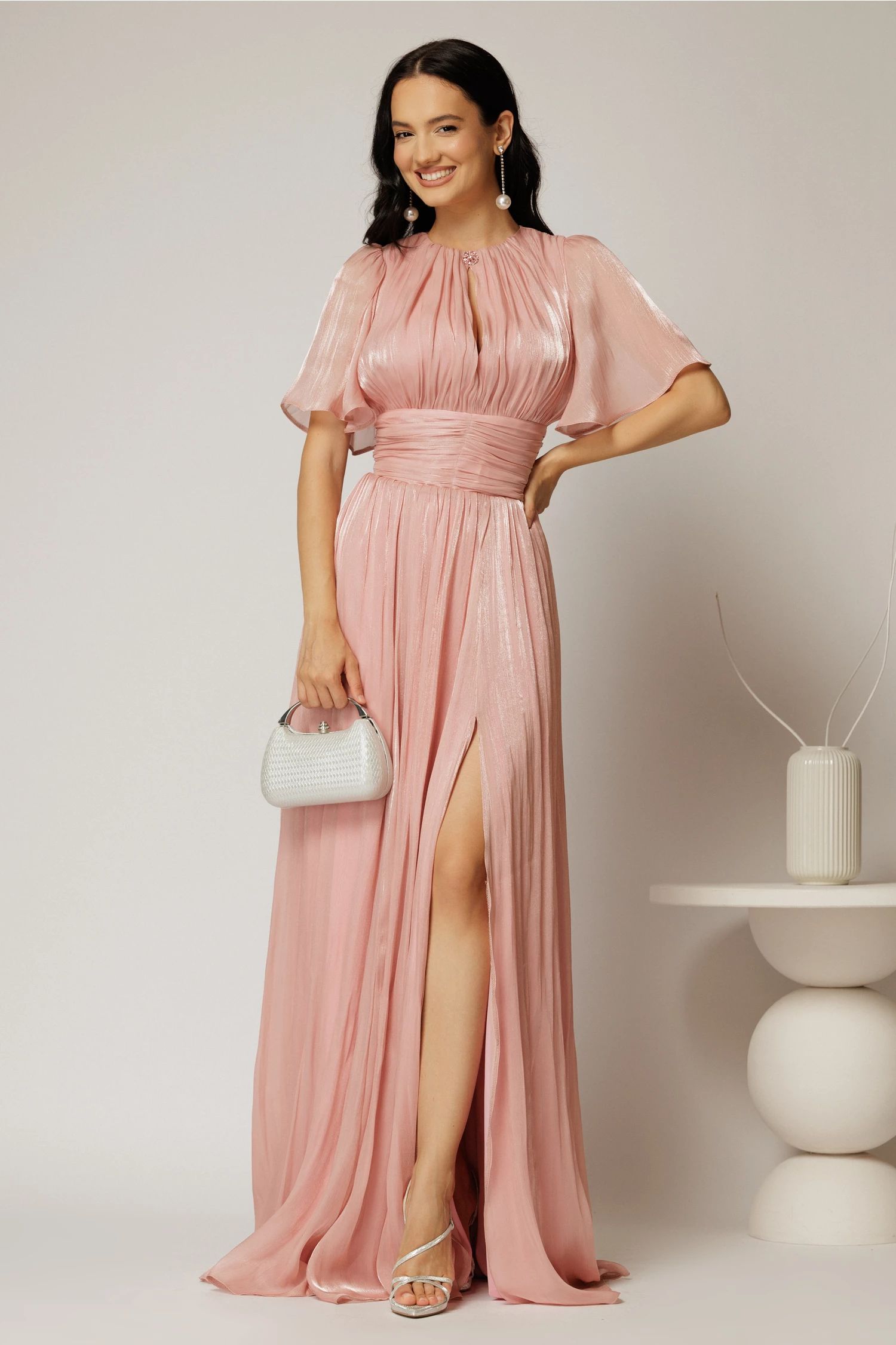 Rochie DY Fashion lunga roz de seara din voal peliculizat