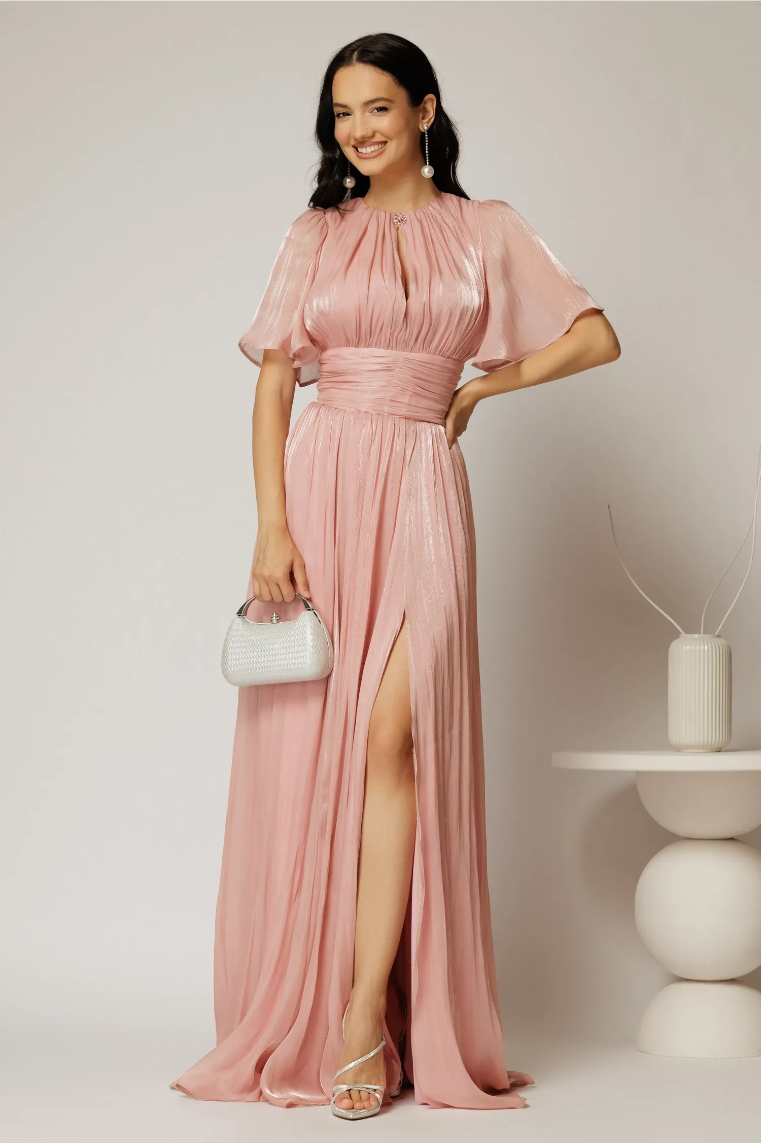 Rochie DY Fashion lunga roz de seara din voal peliculizat 1