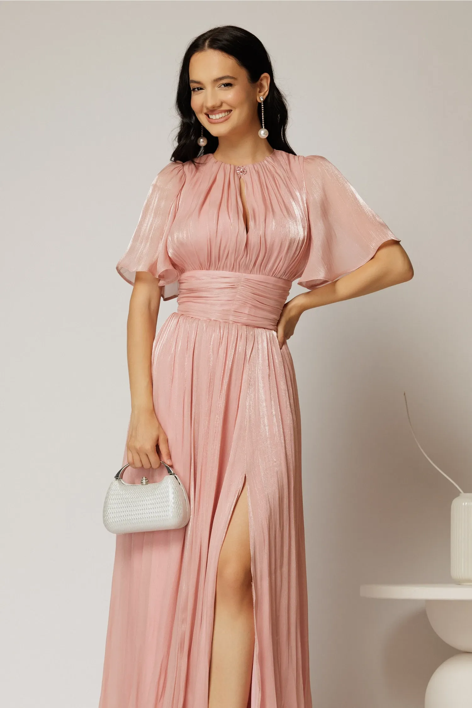 Rochie DY Fashion lunga roz de seara din voal peliculizat 3