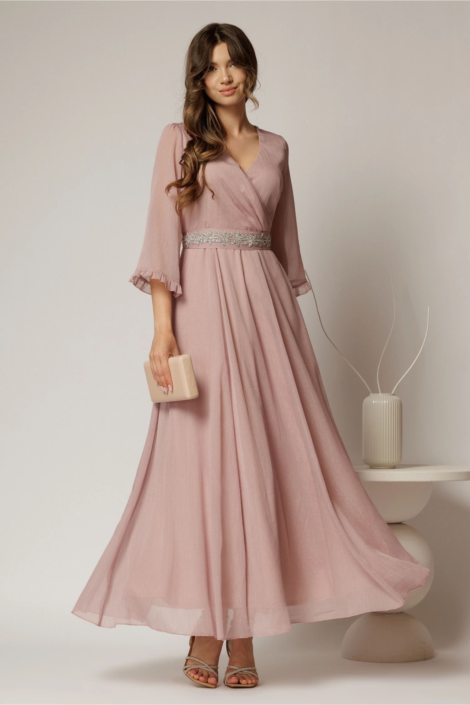 Rochie DY Fashion lunga roz din voal cu fir lurex