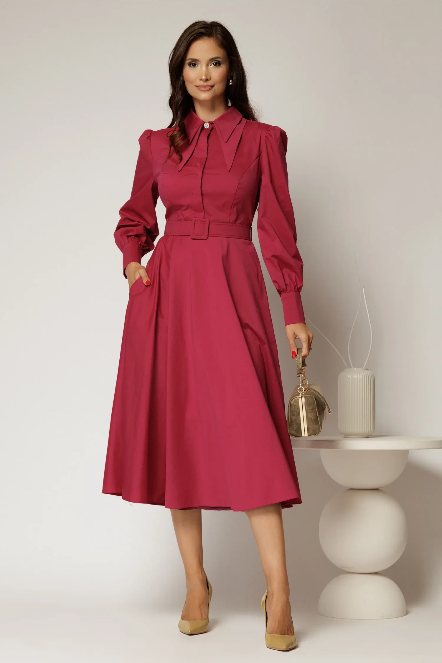 Rochie DY Fashion magenta din poplin cu guler dublu si curea in talie 3