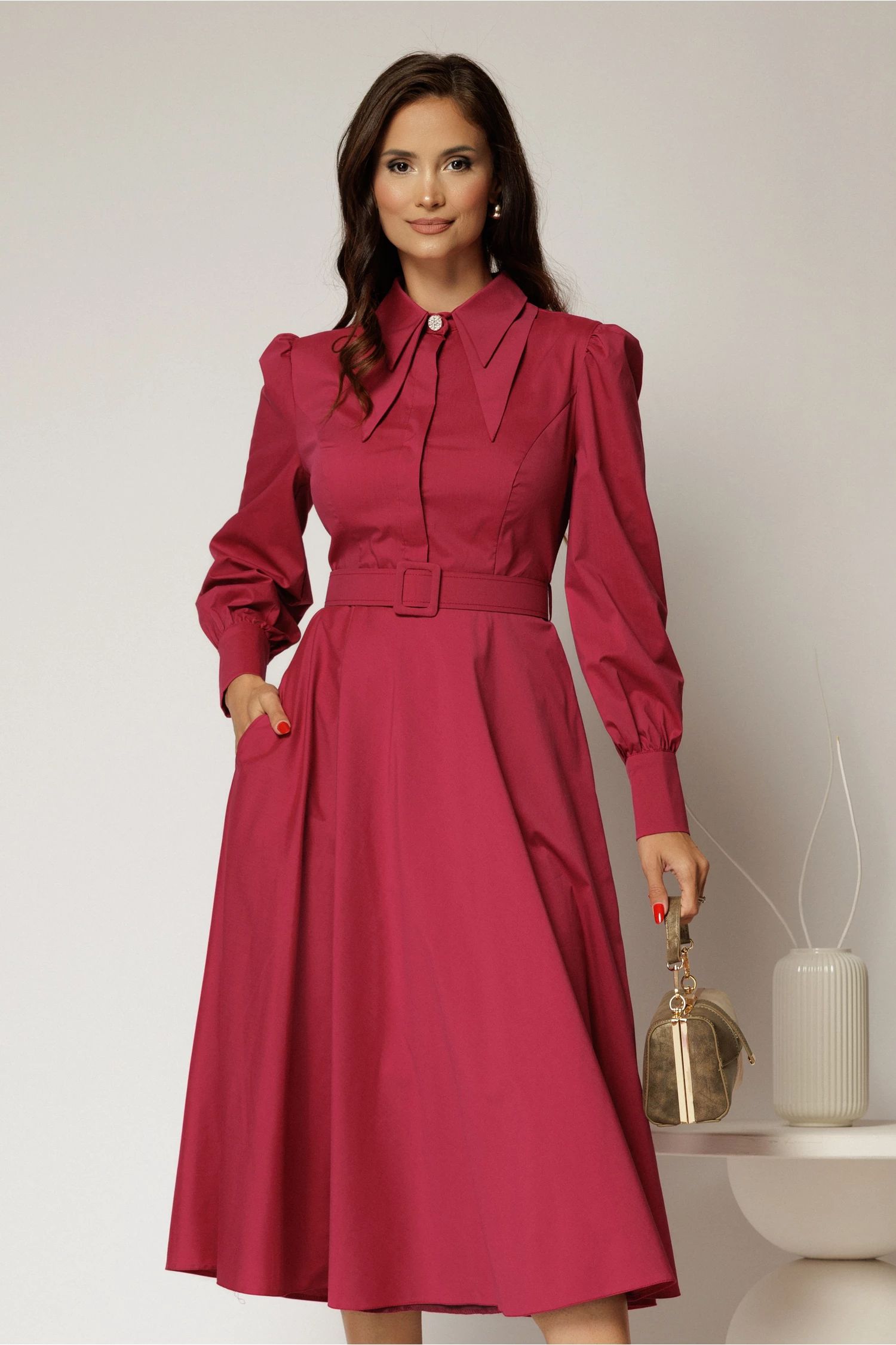 Rochie DY Fashion magenta din poplin cu guler dublu si curea in talie