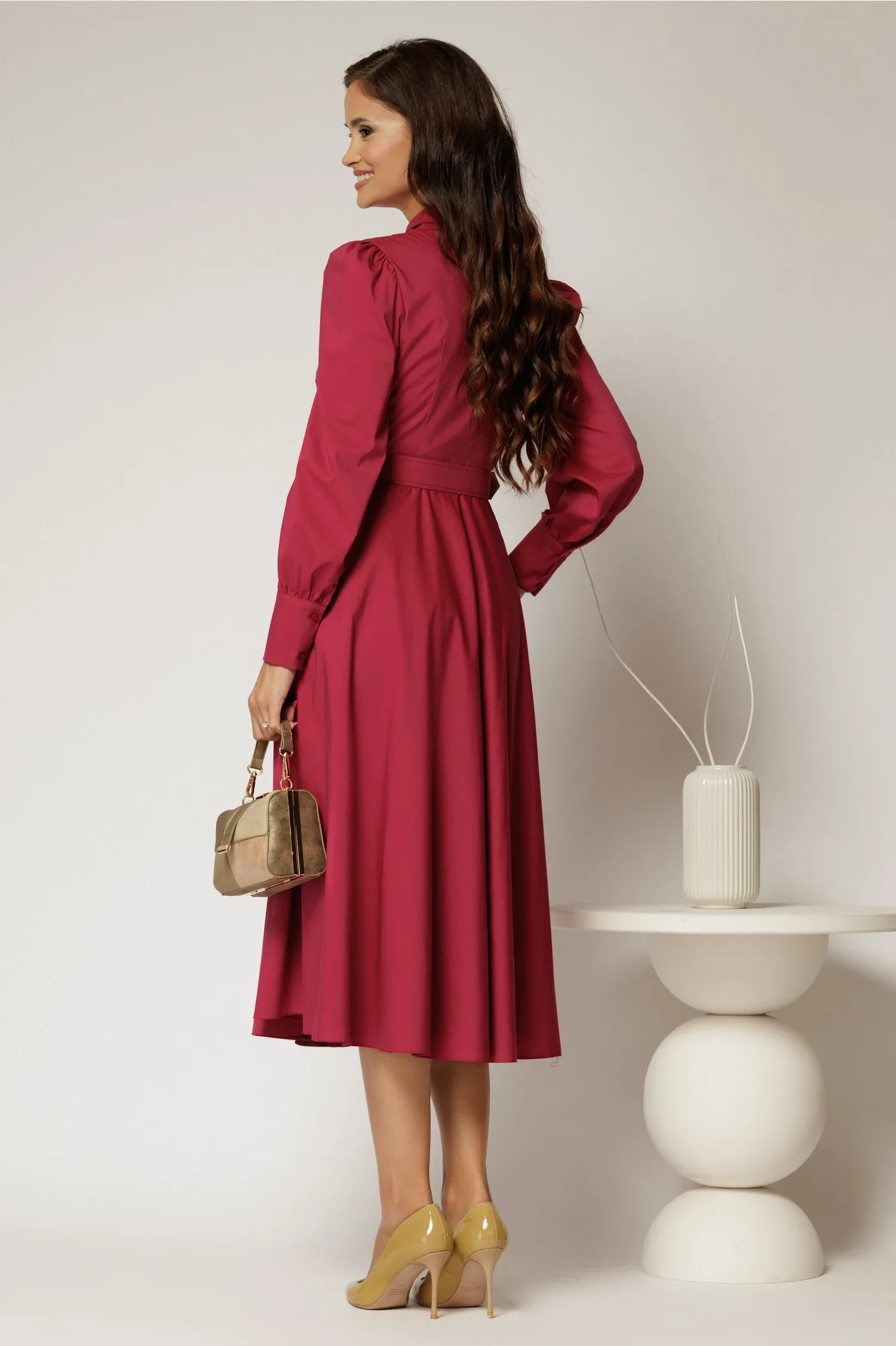 Rochie DY Fashion magenta din poplin cu guler dublu si curea in talie 2