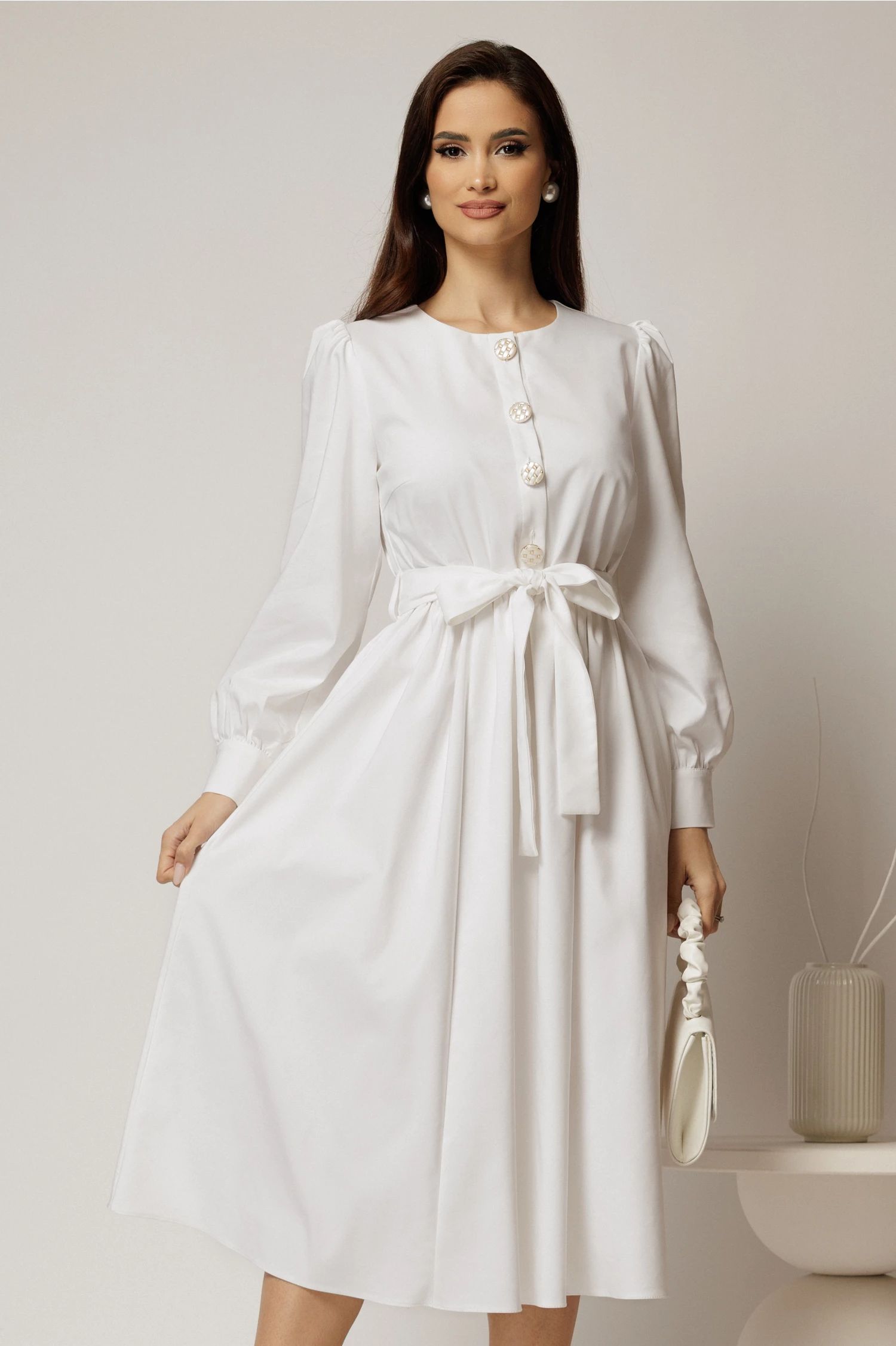 Rochie DY Fashion midi alba din bumbac cu nasturi pe bust si cordon in talie
