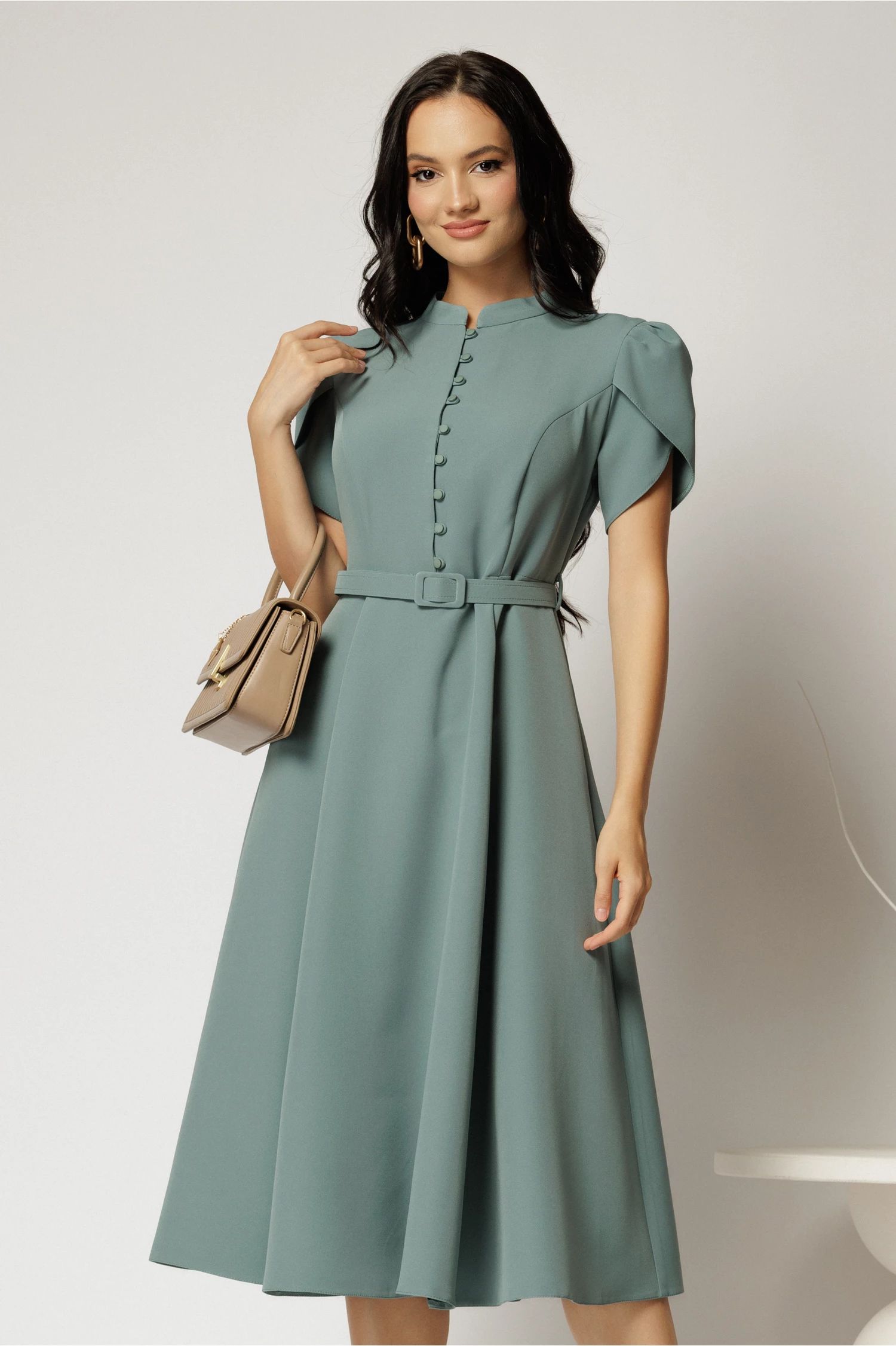 Rochie DY Fashion midi albastra cu nasturi si maneci scurte lalea