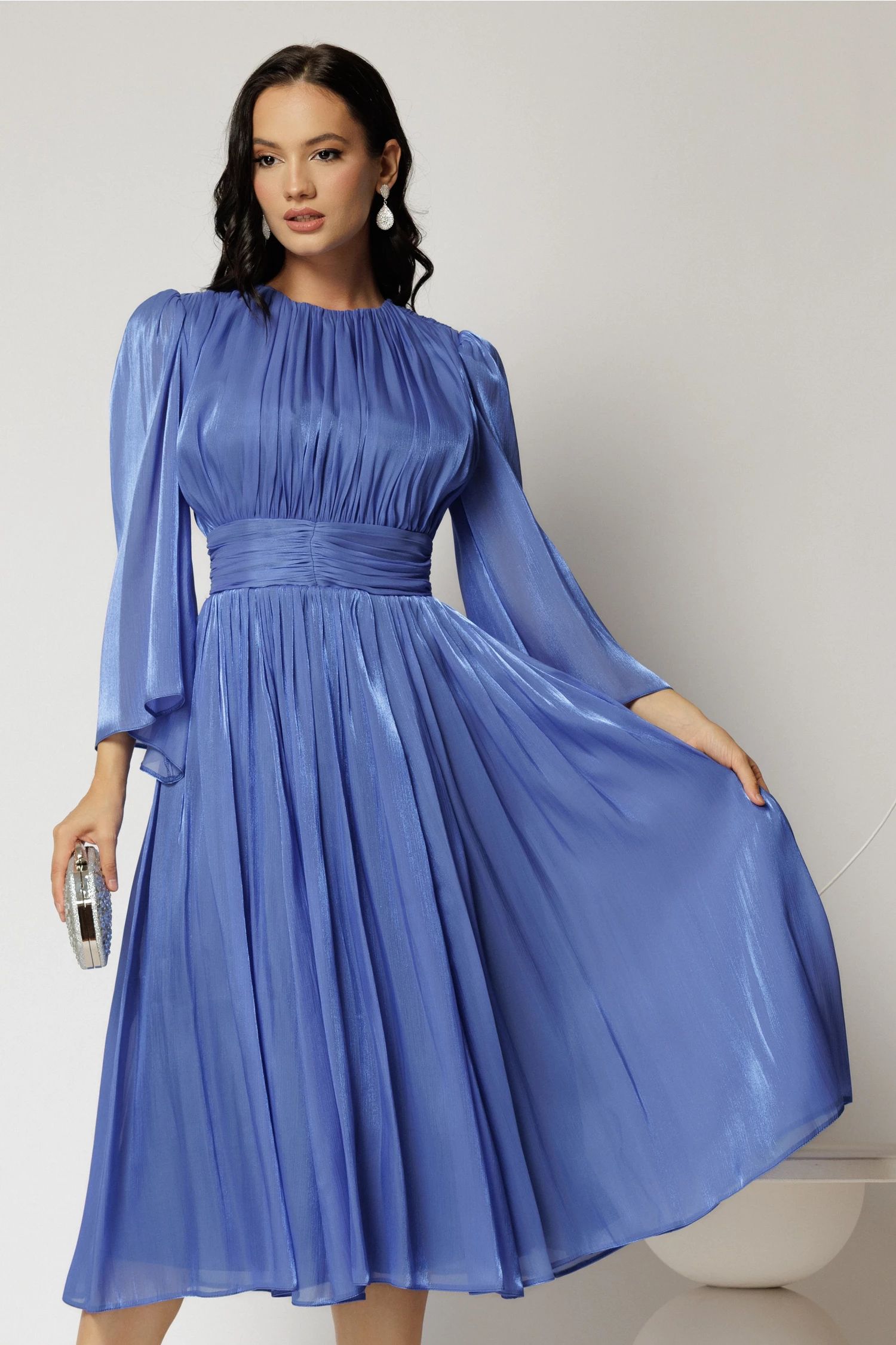 Rochie DY Fashion midi albastra din voal peliculizat cu maneci ample