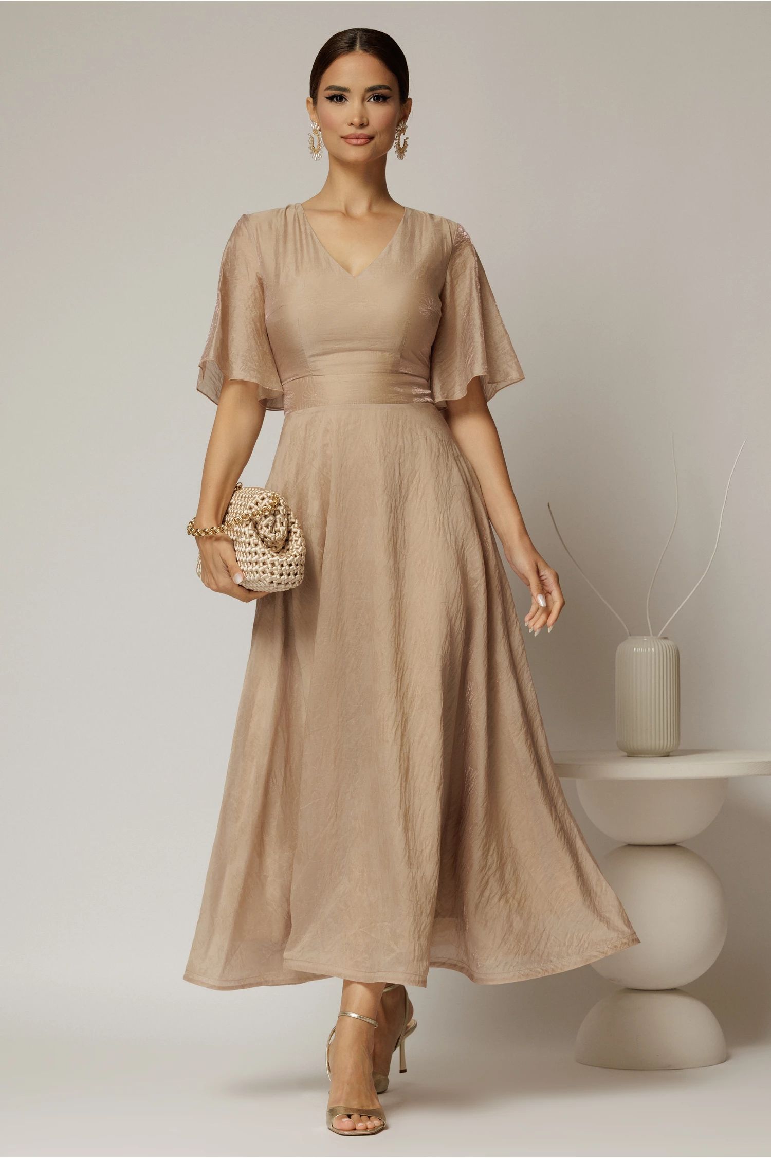 Rochie DY Fashion midi bej din tencel cu insertii sidefate