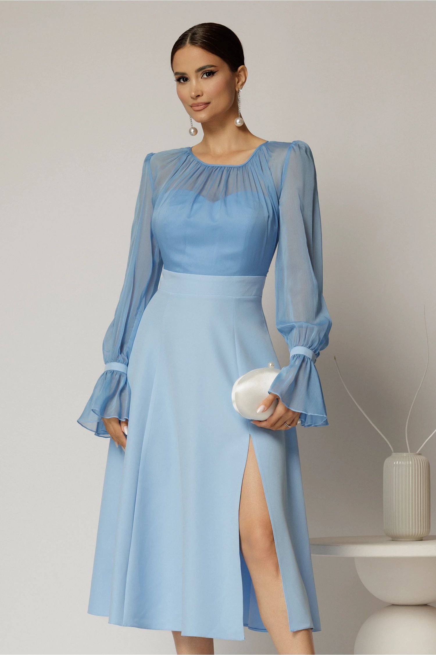 Rochie DY Fashion midi bleu de ocazie cu voal la bust