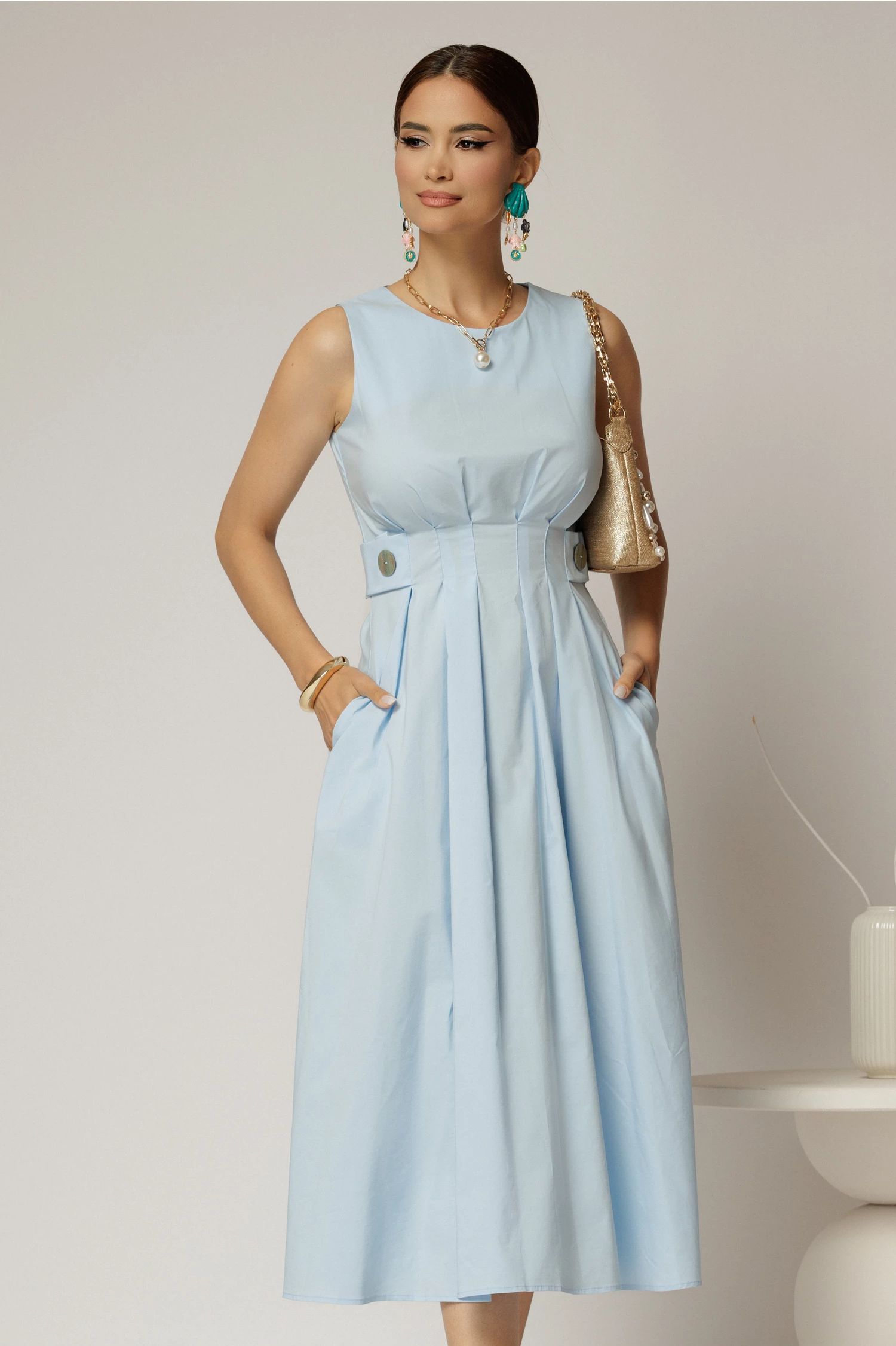 Rochie DY Fashion midi bleu din bumbac cu nasturi si cusaturi pe talie