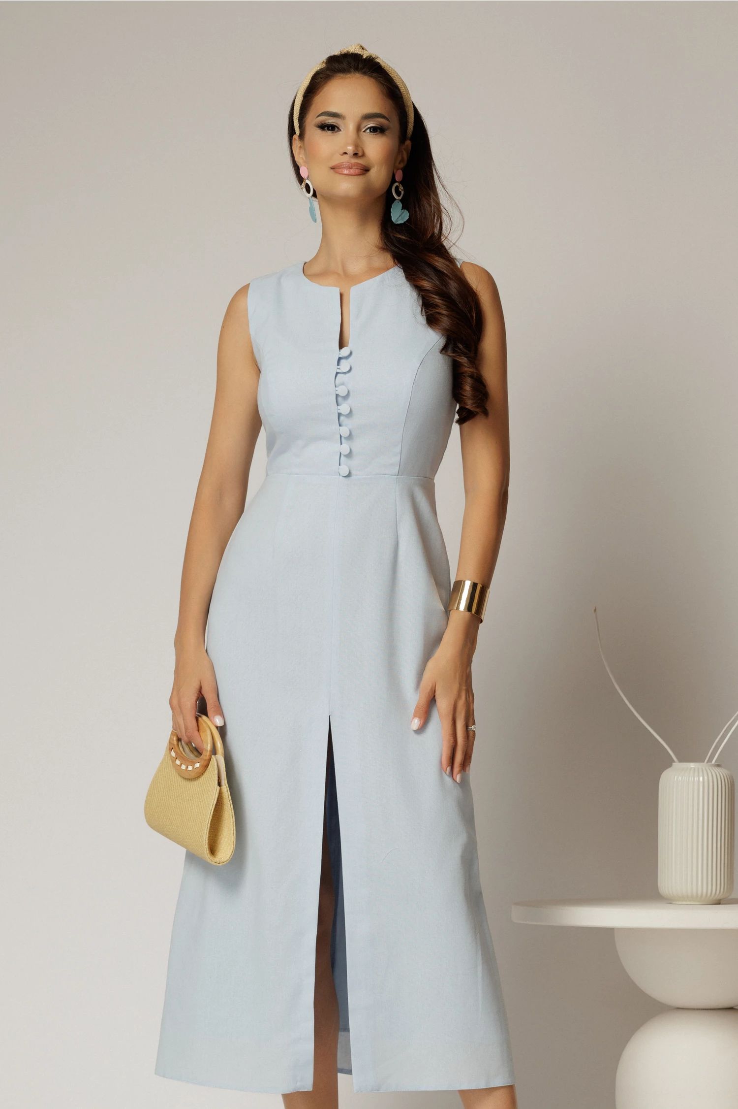 Rochie DY Fashion midi bleu din in cu nasturi pe bust fara maneci