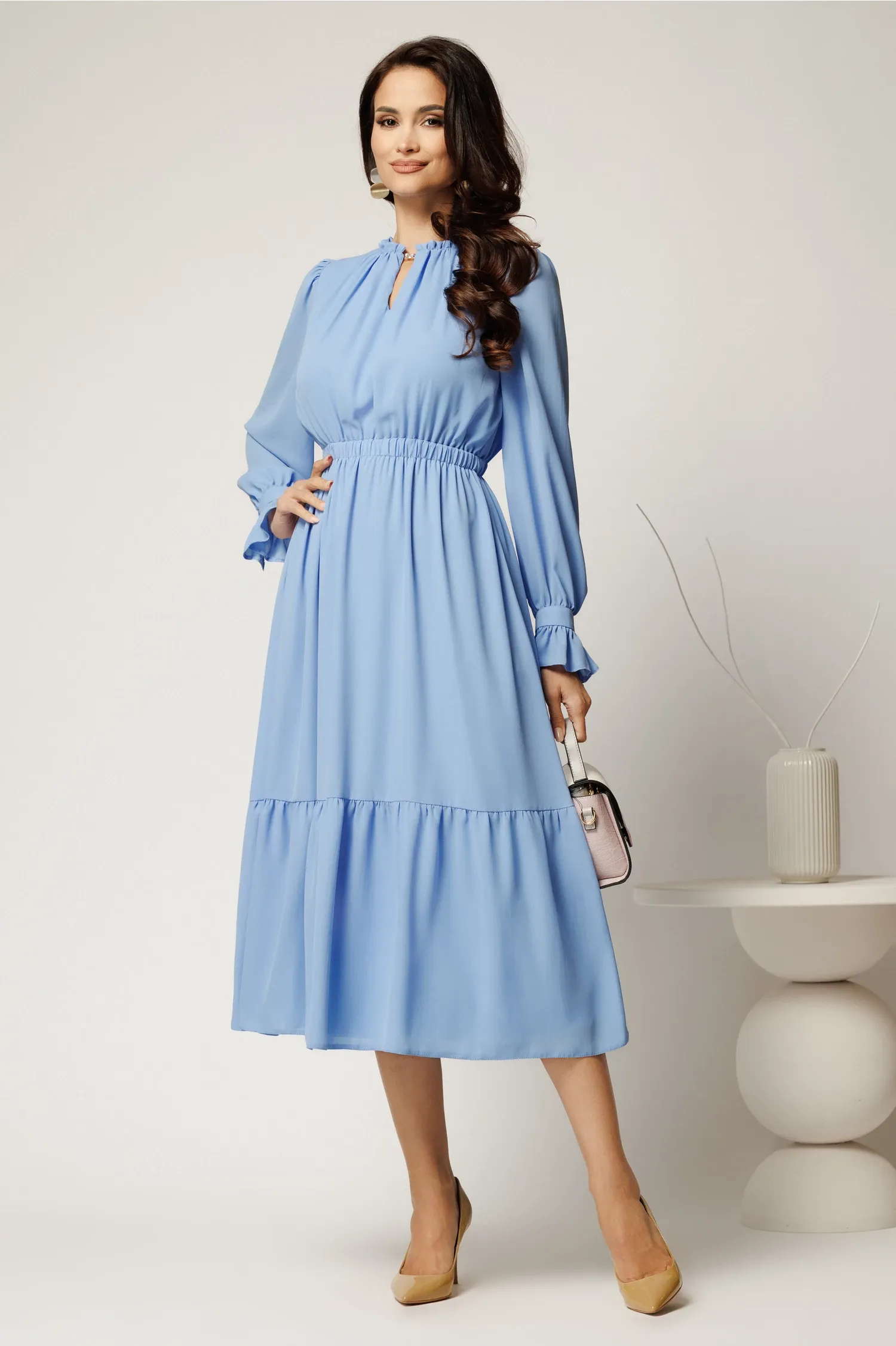 Rochie DY Fashion midi bleu din voal plin cu volan 3