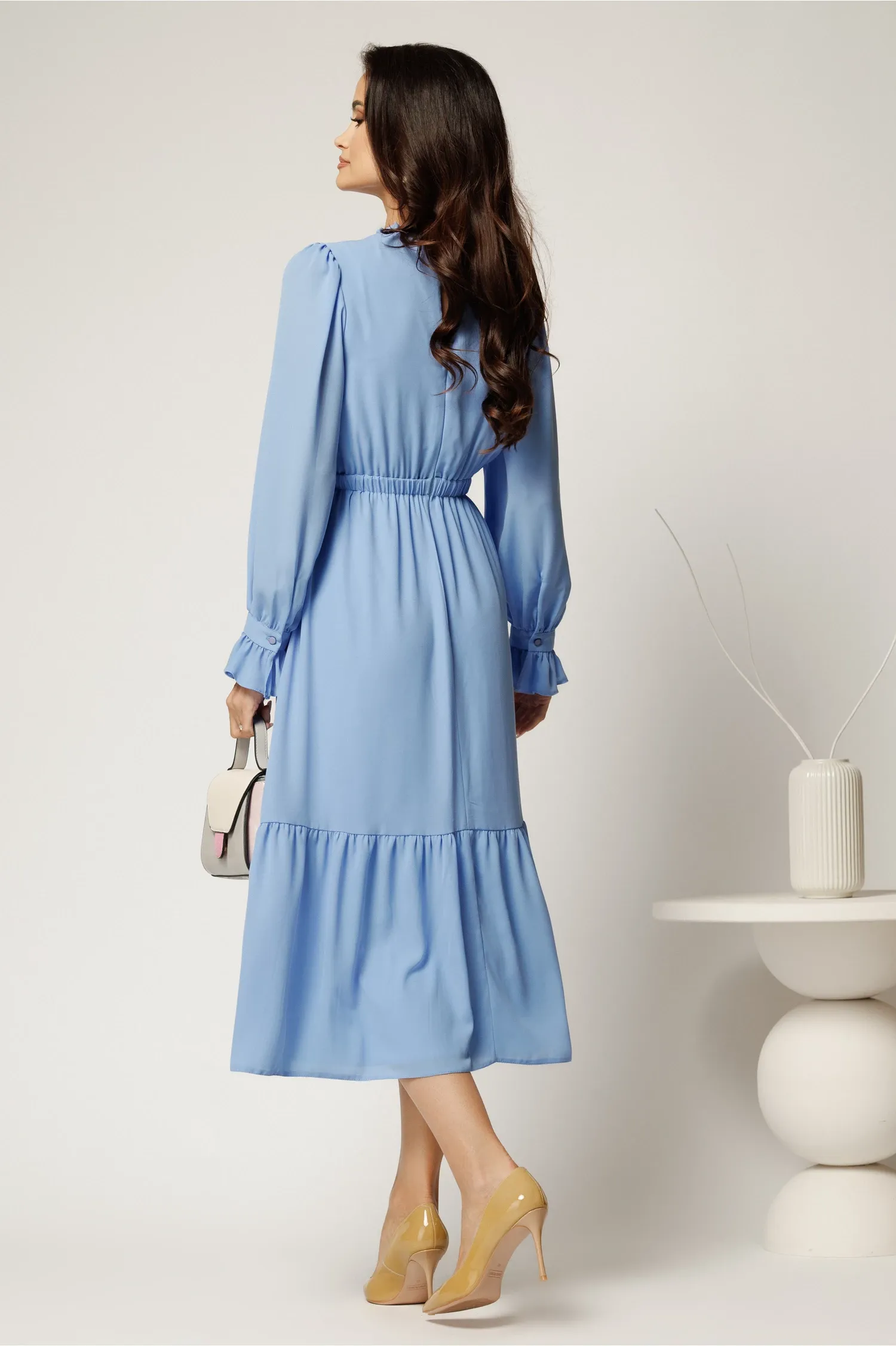 Rochie DY Fashion midi bleu din voal plin cu volan 2