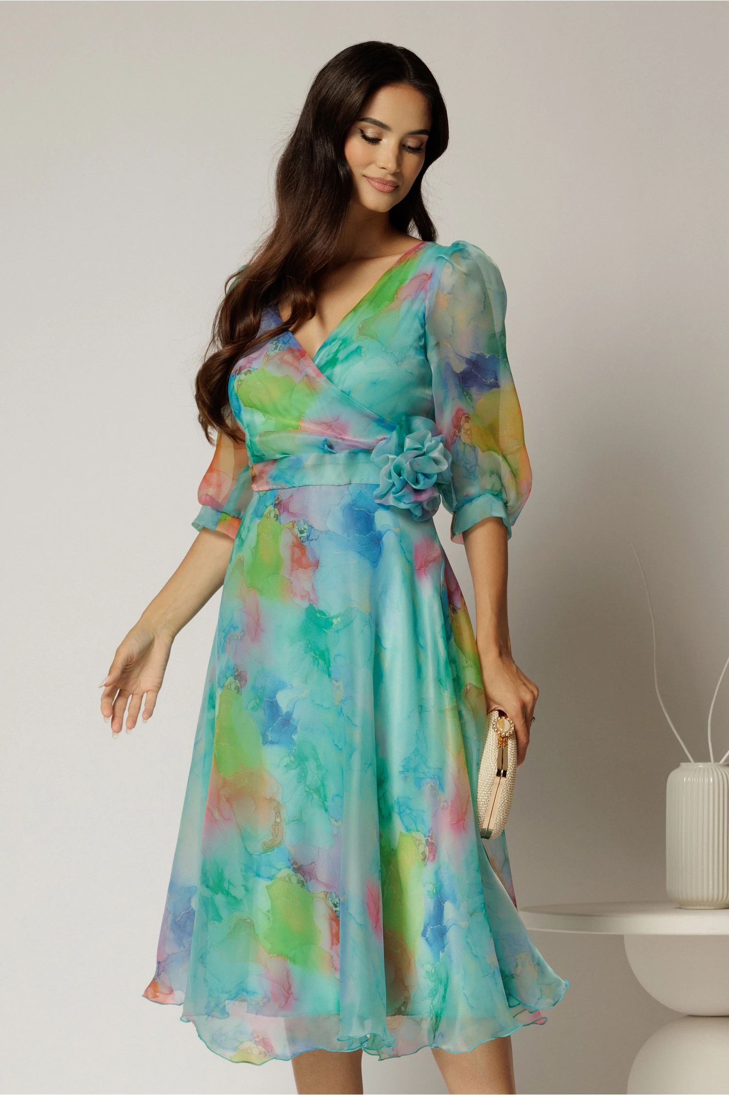 Rochie DY Fashion midi din organza cu imprimeuri turcoaz