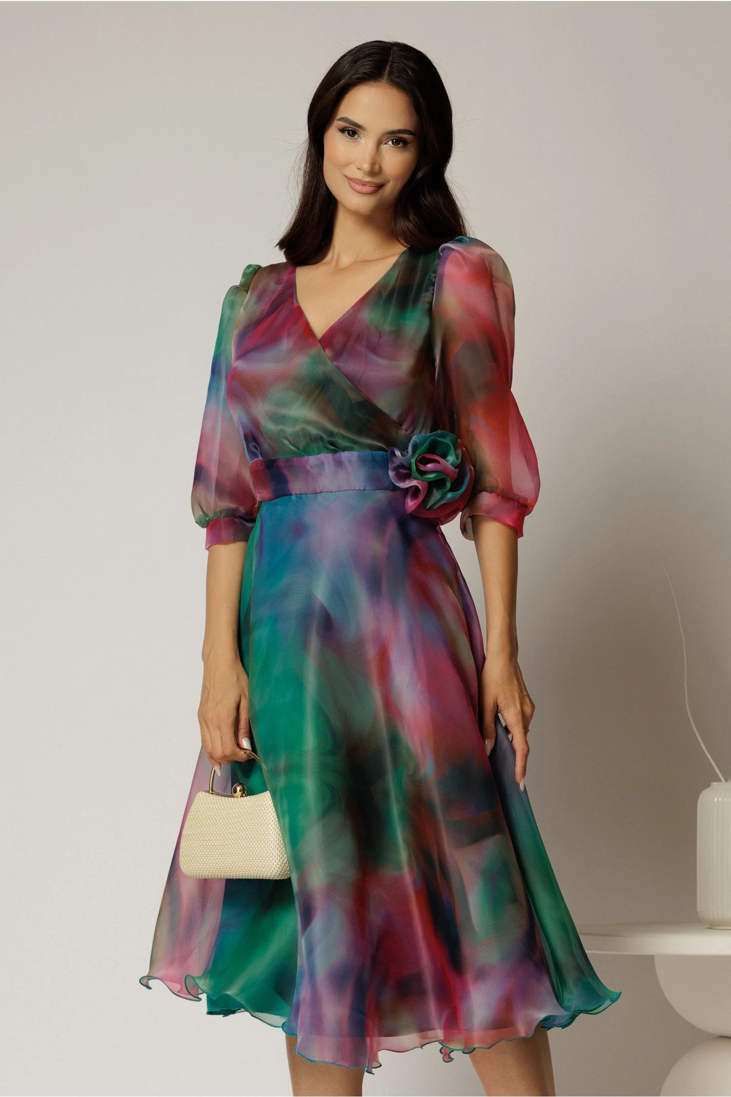 Rochie DY Fashion midi din organza cu imprimeuri verde fucsia