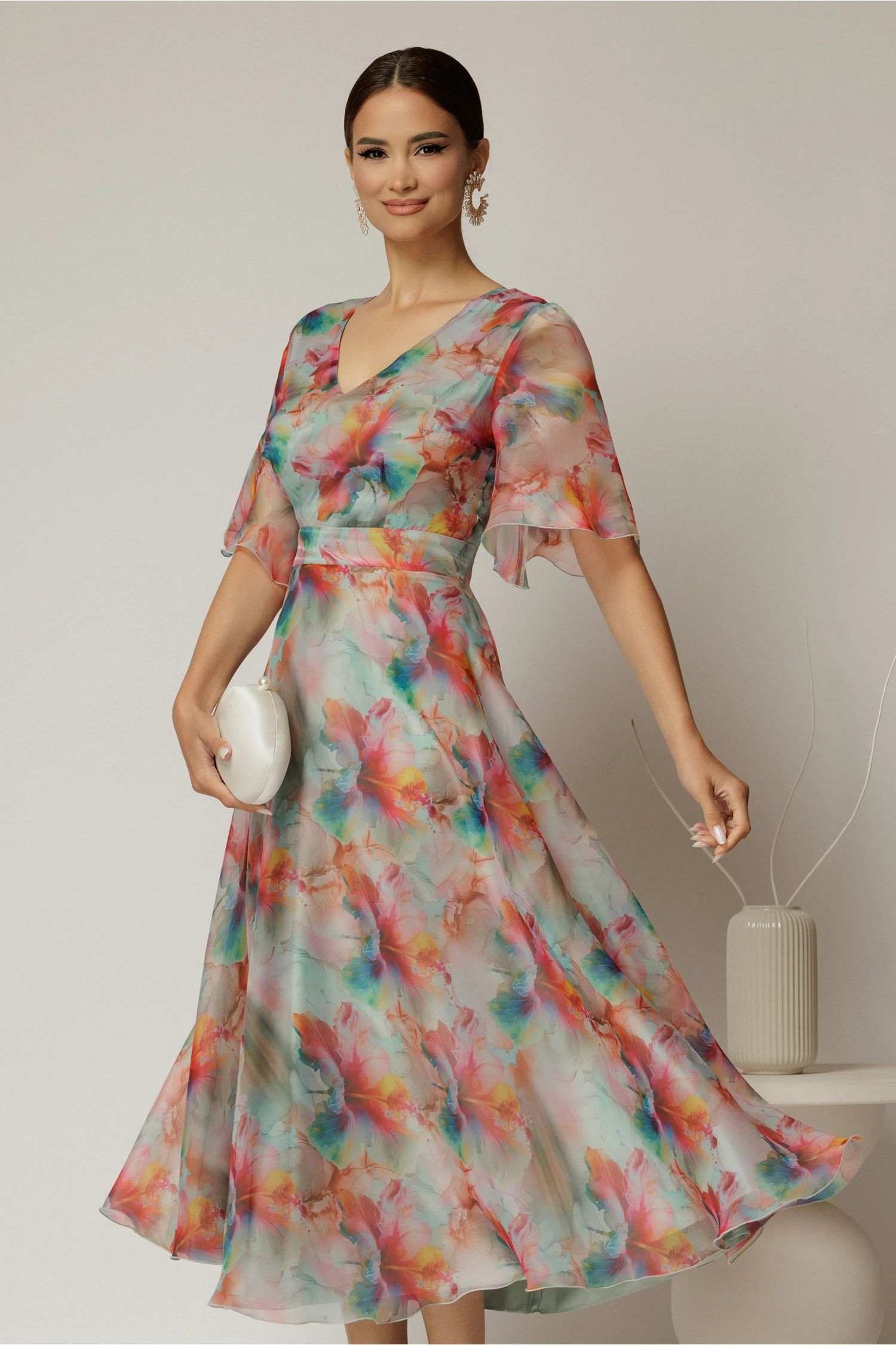 Rochie DY Fashion midi din organza cu imprimeuri verde mint