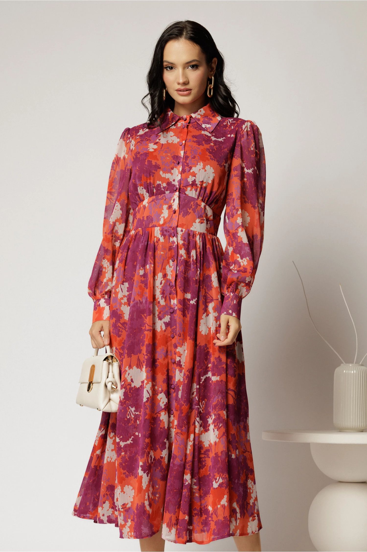 Rochie DY Fashion midi din voal cu imprimeuri si croi tip camasa