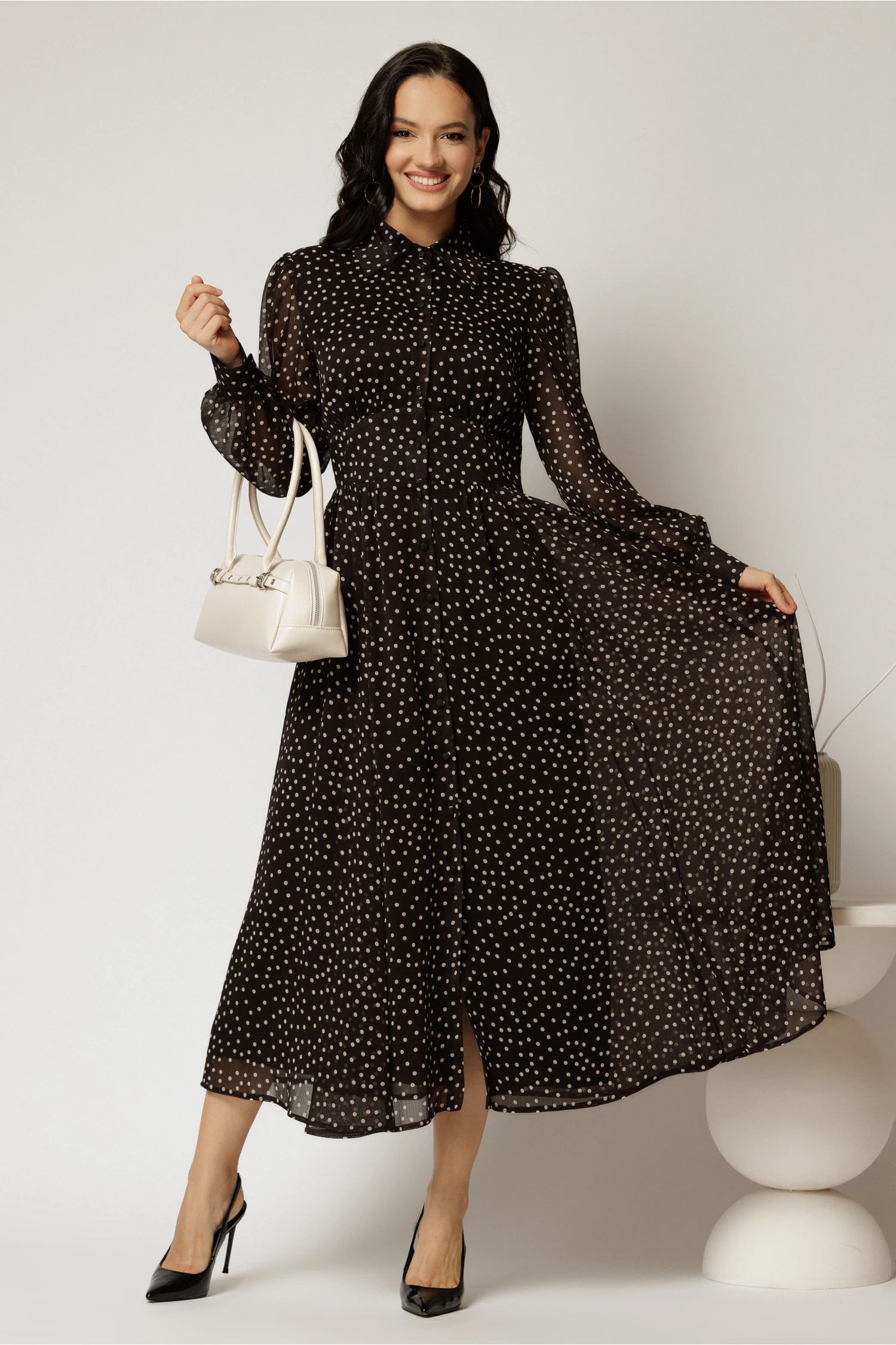 Rochie DY Fashion midi din voal negru cu buline si croi tip camasa