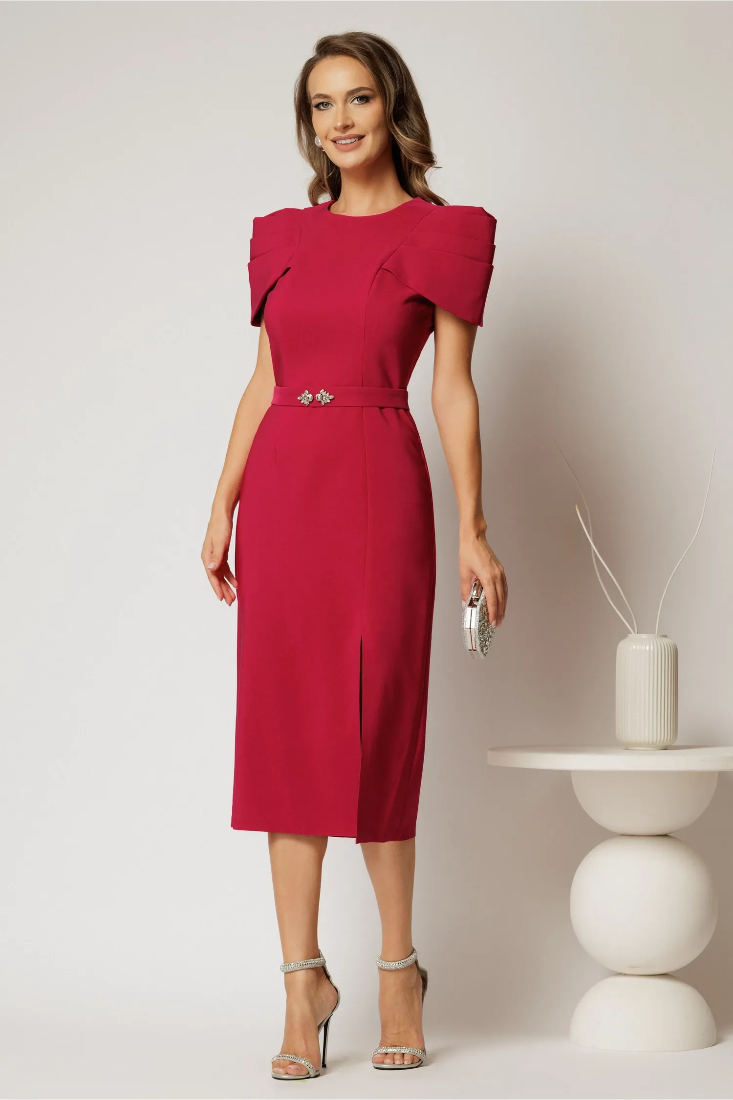 Rochie DY Fashion midi fucsia de ocazie cu umeri bufanti si cordon detasabil 3