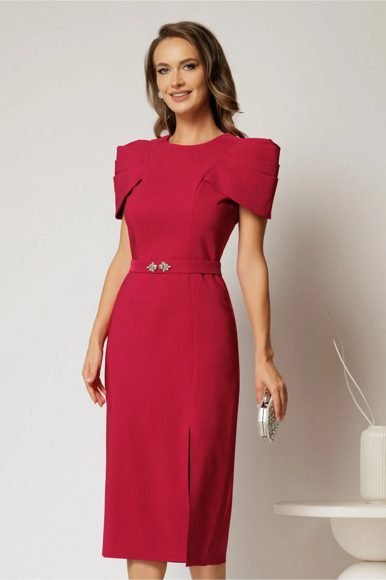 Rochie DY Fashion midi fucsia de ocazie cu umeri bufanti si cordon detasabil 1