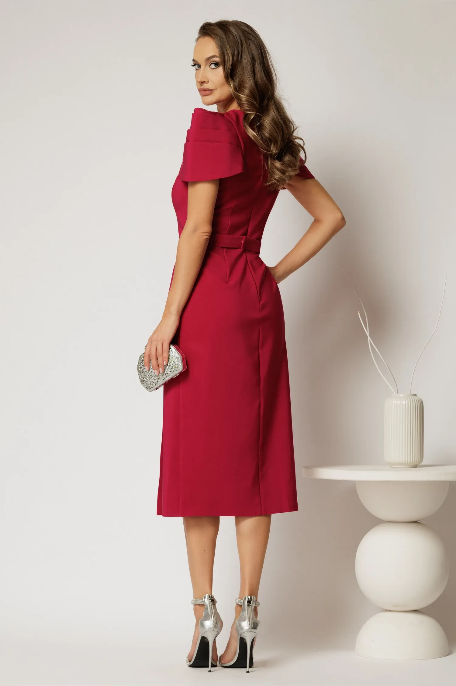 Rochie DY Fashion midi fucsia de ocazie cu umeri bufanti si cordon detasabil 2