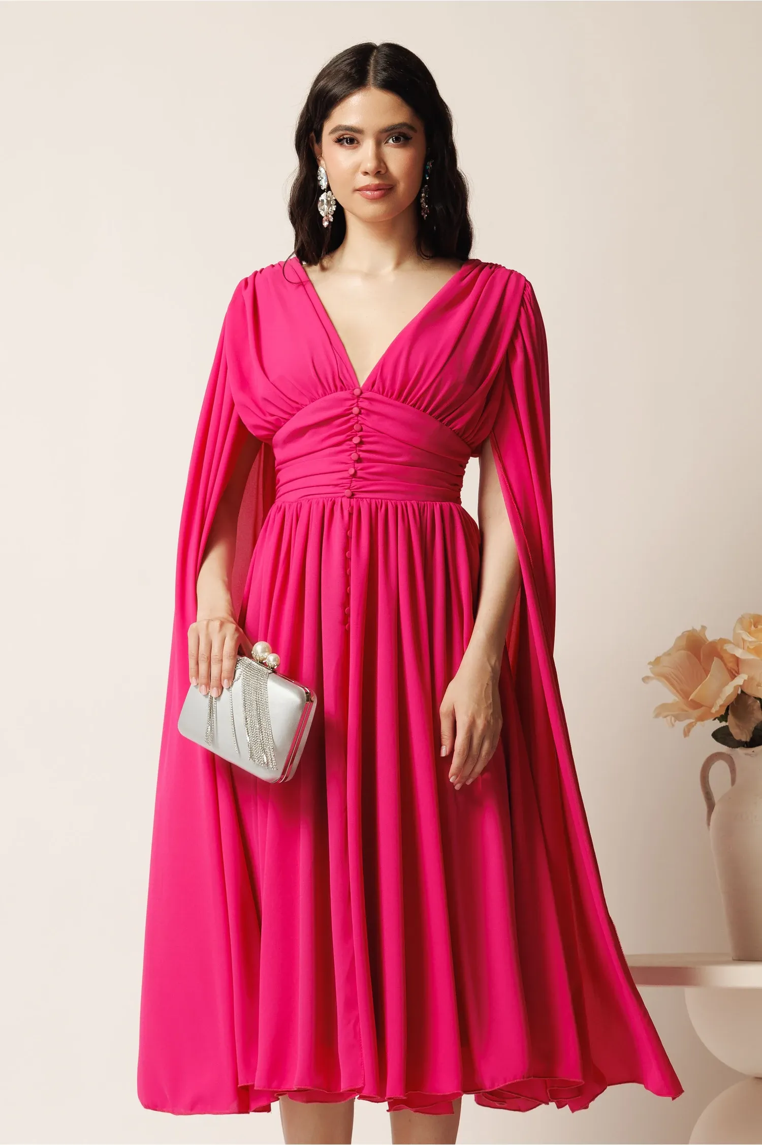 Rochie DY Fashion midi fucsia din voal in clos cu nasturi si maneci ample 1
