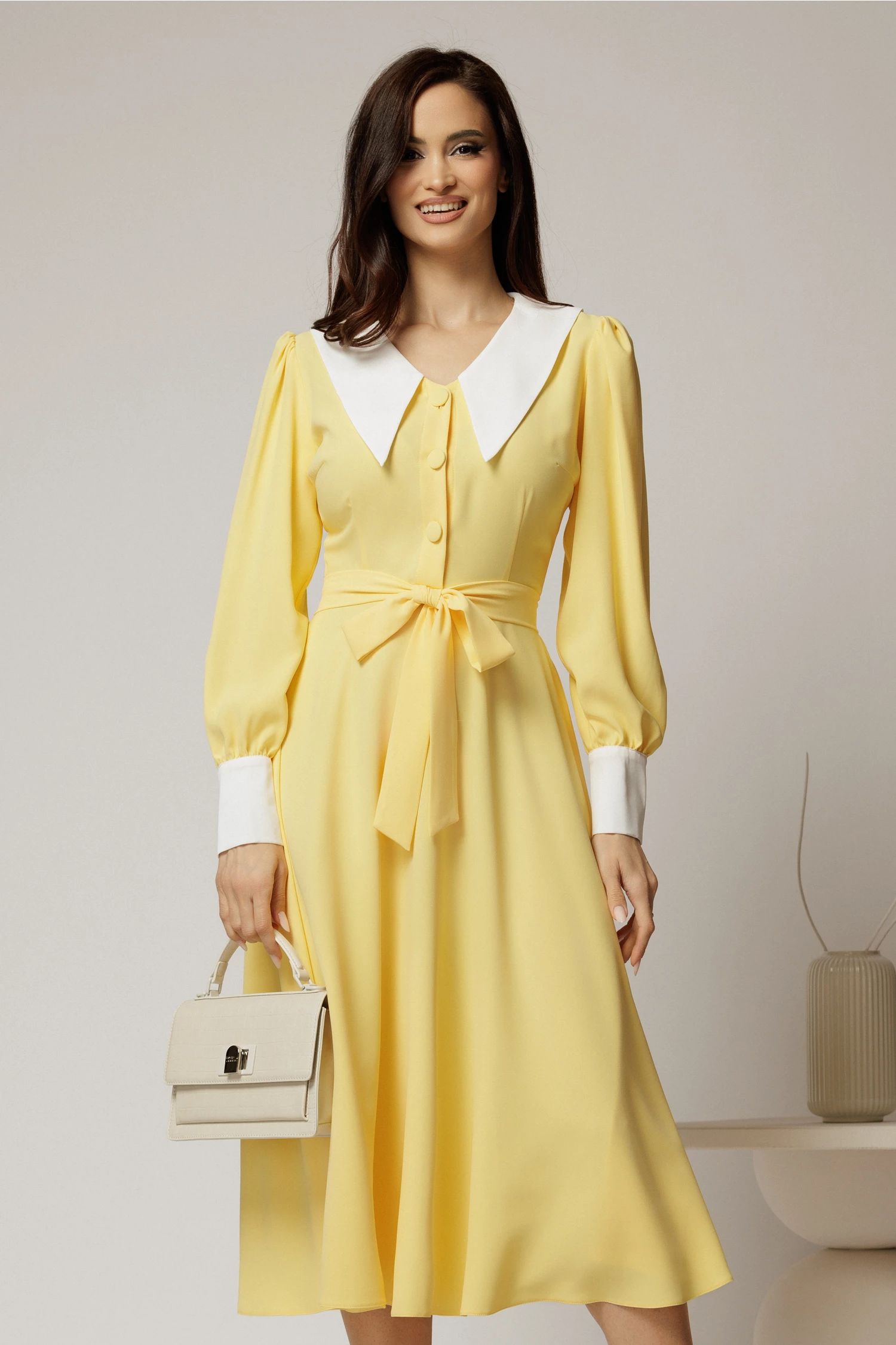 Rochie DY Fashion midi galbena cu guler si mansete in contrast
