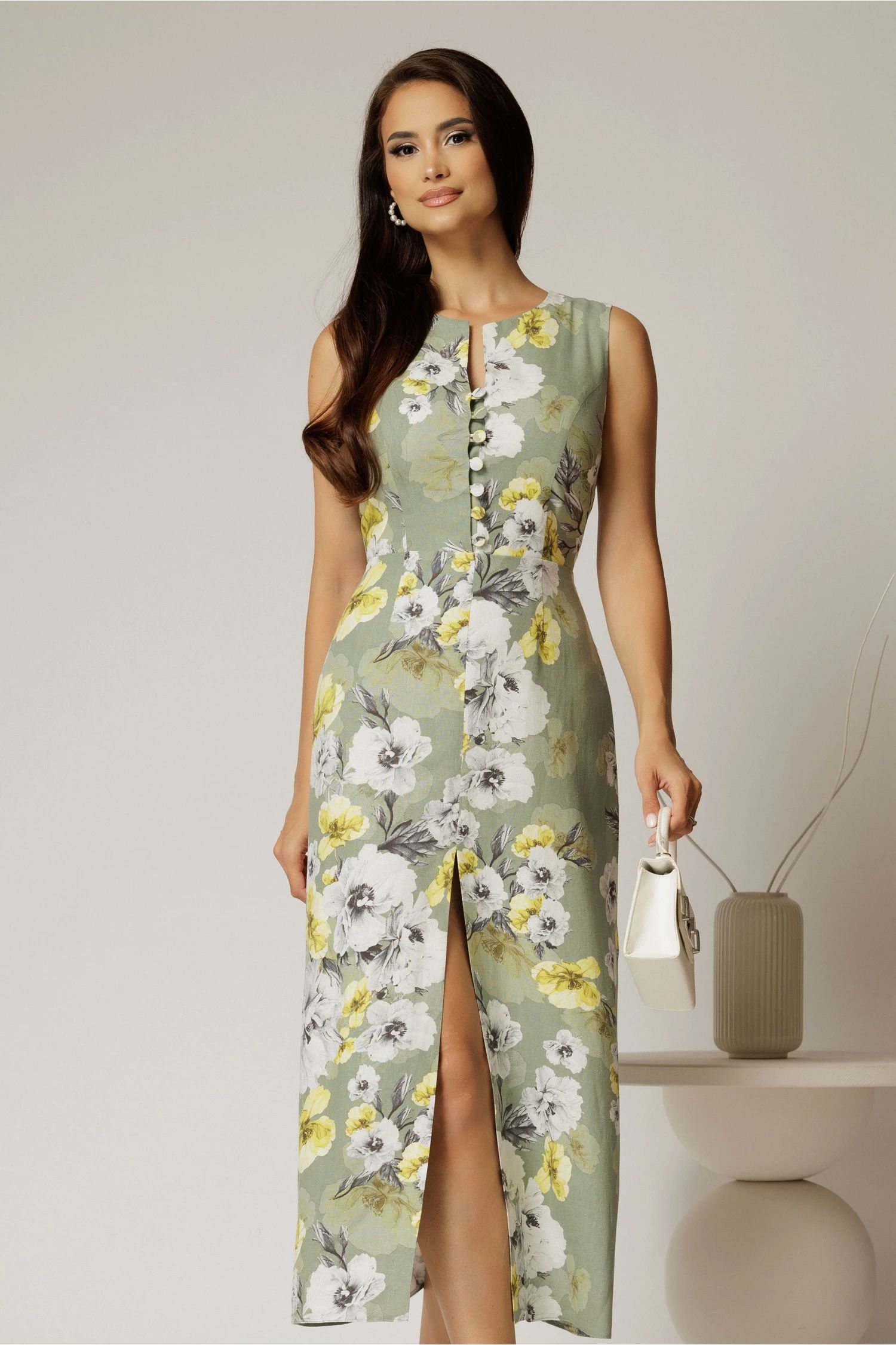 Rochie DY Fashion midi kaki cu imprimeuri din in cu nasturi pe bust fara maneci