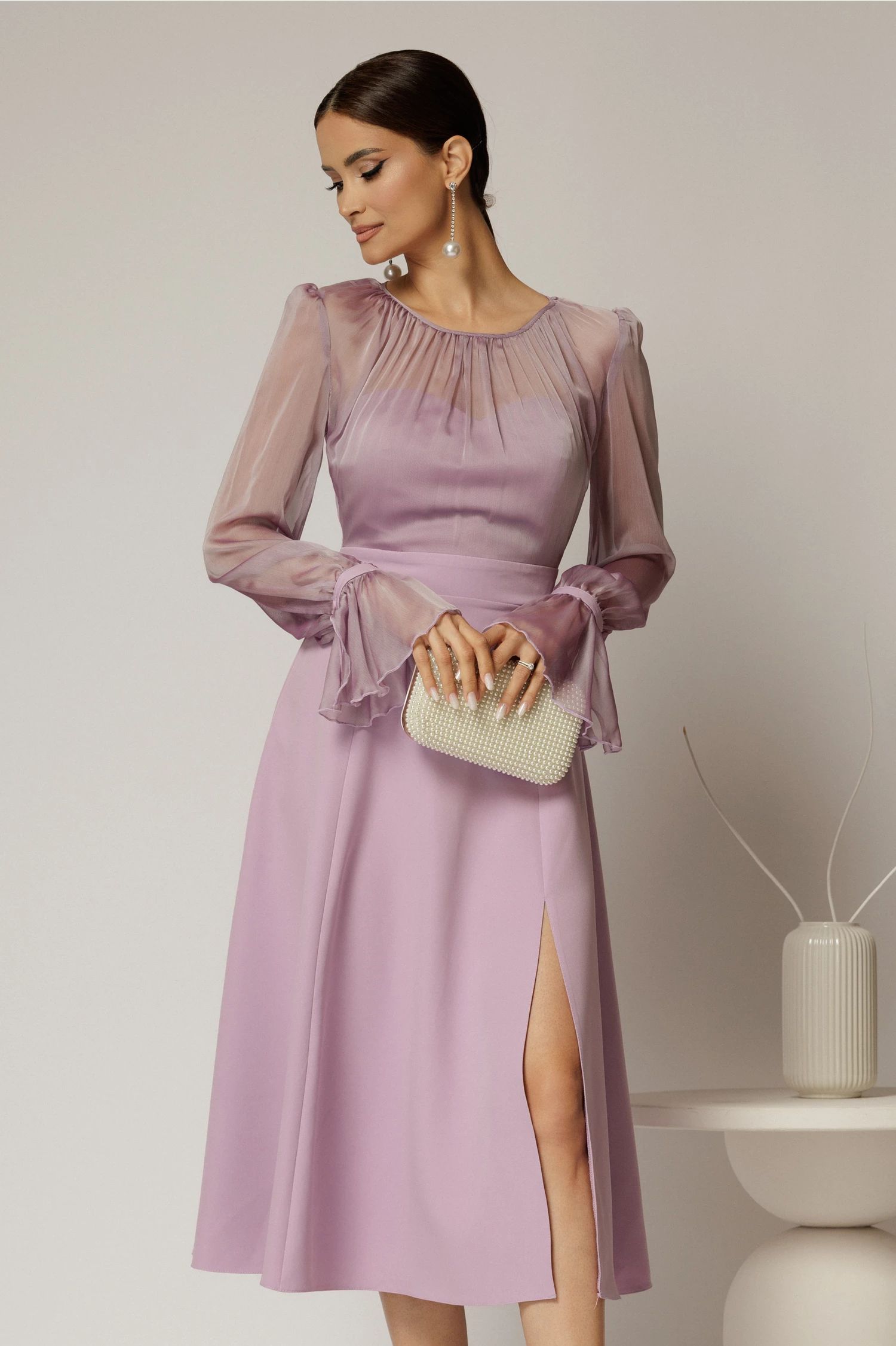 Rochie DY Fashion midi lila de ocazie cu voal la bust