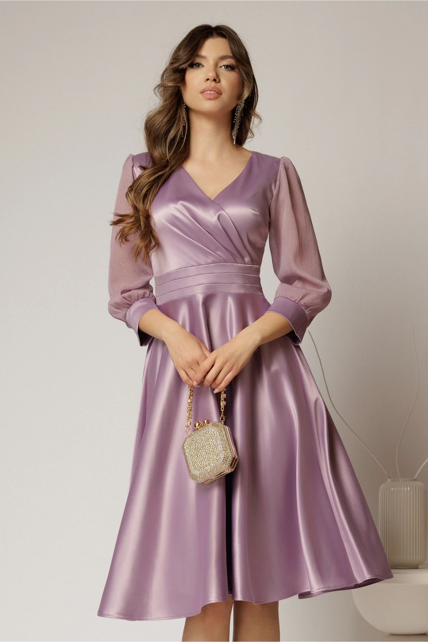 Rochie DY Fashion midi lila din tafta cu maneci din voal cu lurex
