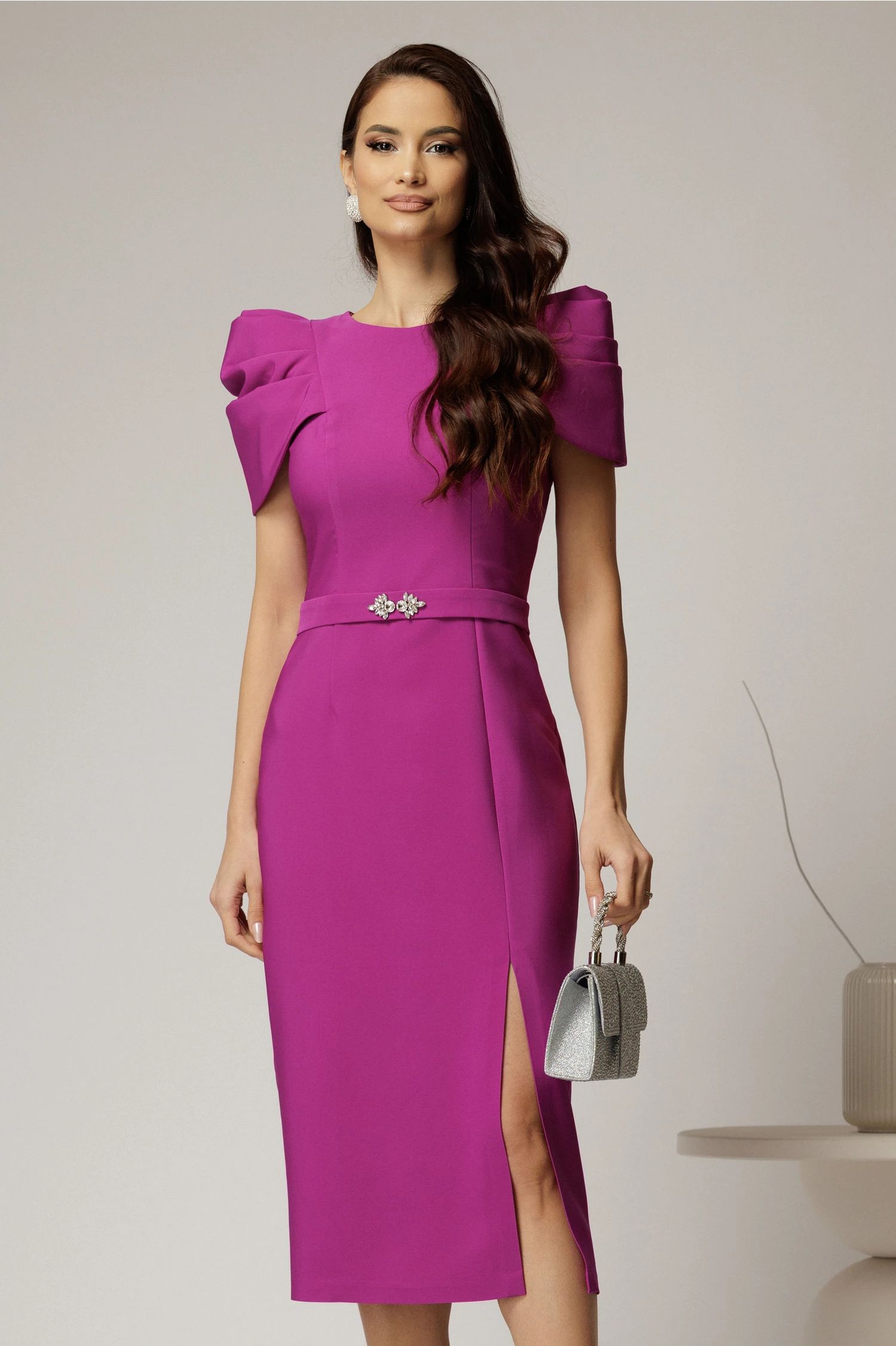 Rochie DY Fashion midi magenta de ocazie cu umeri bufanti si cordon detasabil