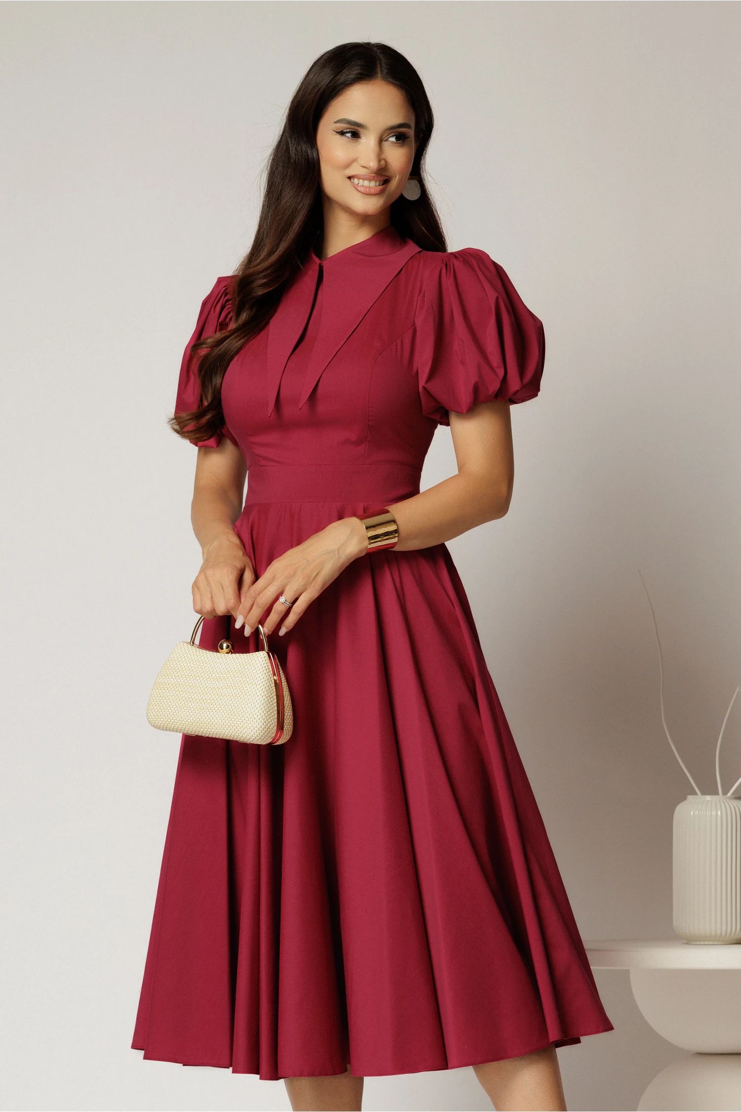 Rochie DY Fashion midi magenta din poplin cu guler ascutit si maneci scurte bufante
