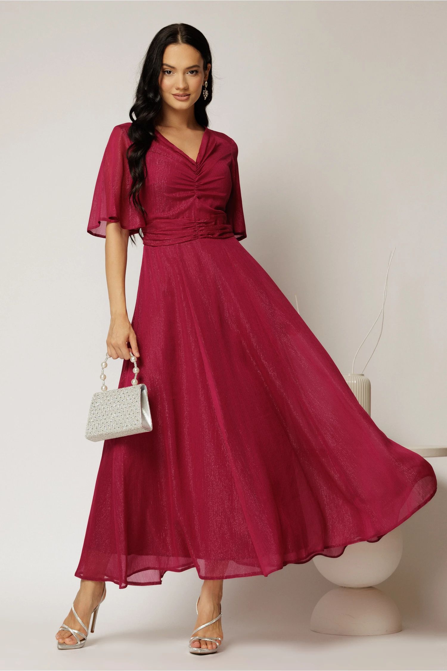 Rochie DY Fashion midi magenta din voal cu fir lurex