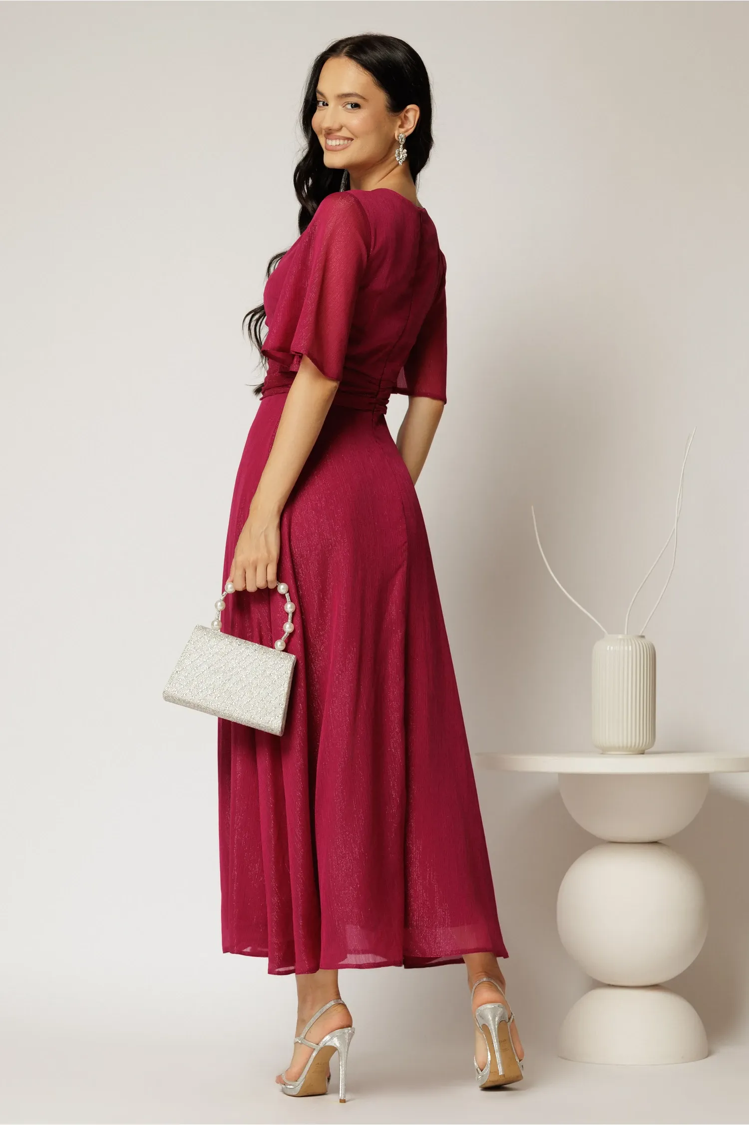 Rochie DY Fashion midi magenta din voal cu fir lurex 2
