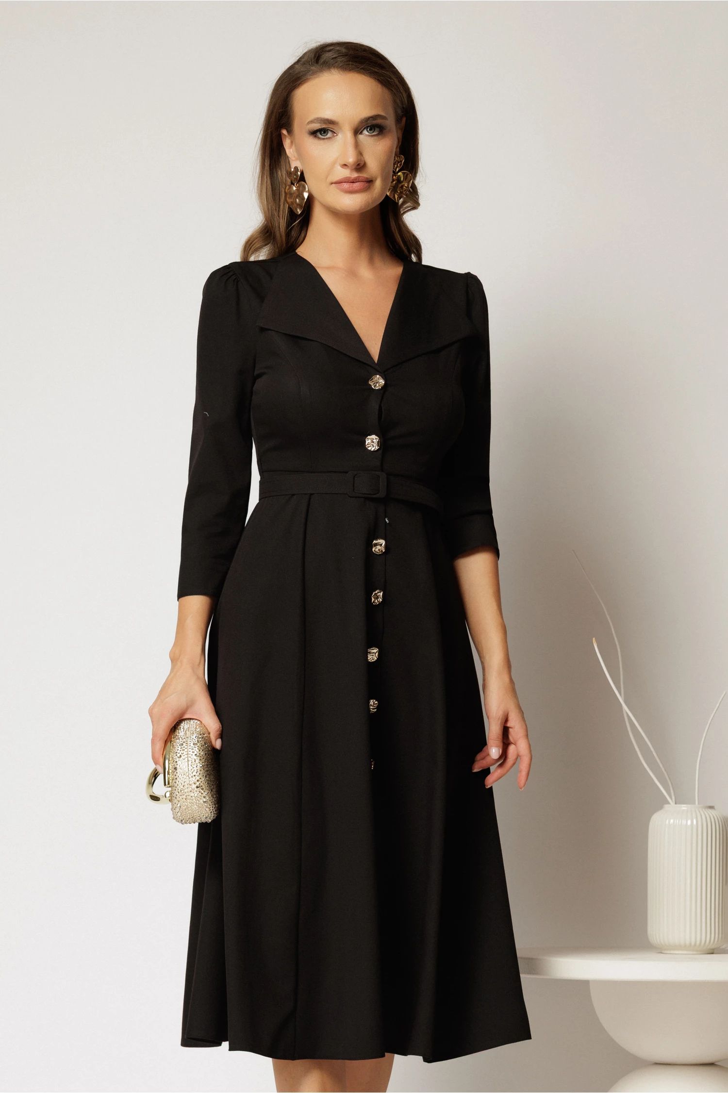 Rochie DY Fashion midi neagra cu inchidere cu nasturi si rever amplu