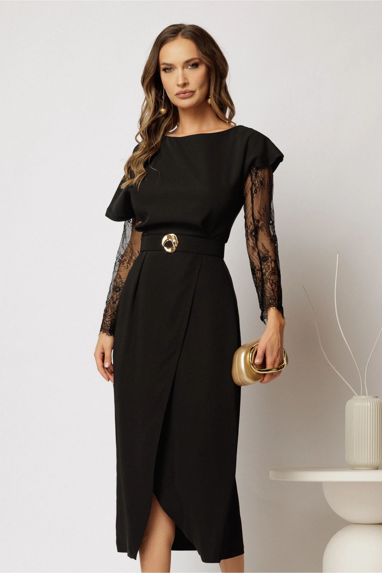 Rochie DY Fashion midi neagra din triplu voal cu croi petrecut