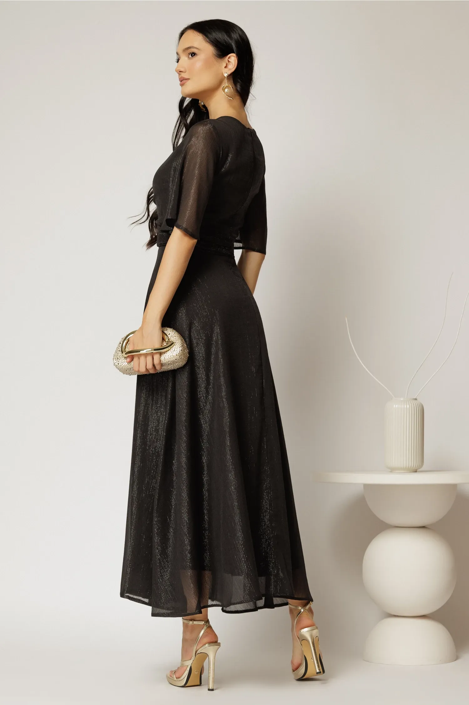 Rochie DY Fashion midi neagra din voal cu fir lurex 2