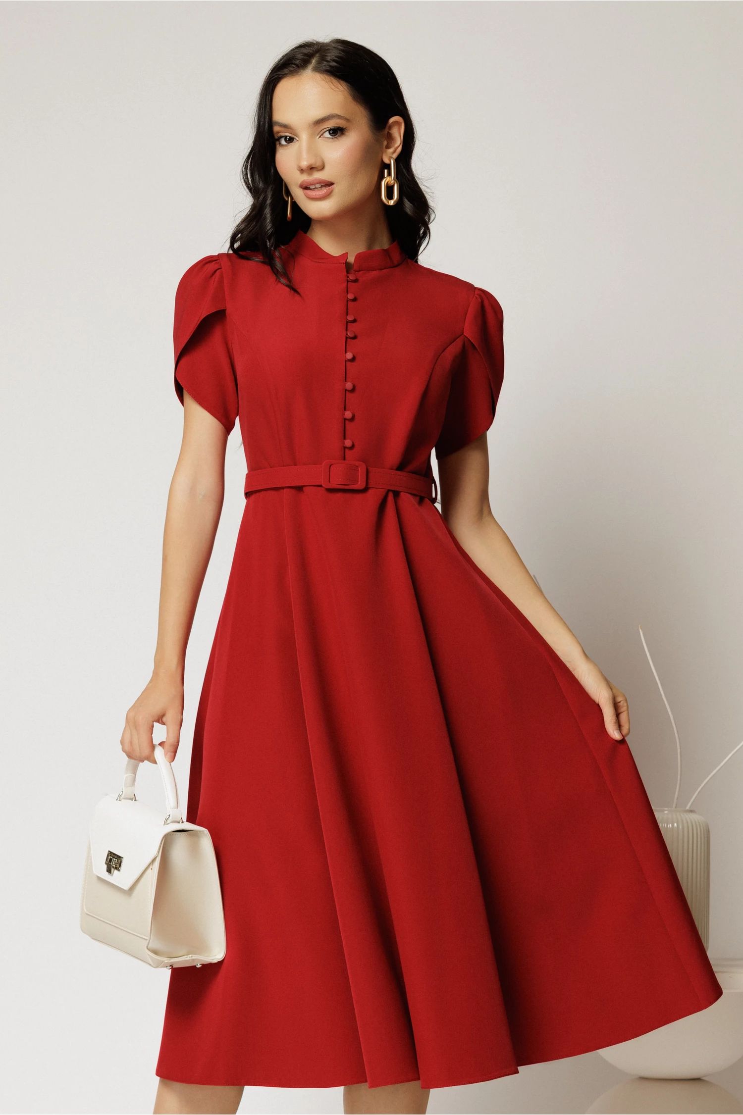 Rochie DY Fashion midi rosu inchis cu nasturi si maneci scurte lalea
