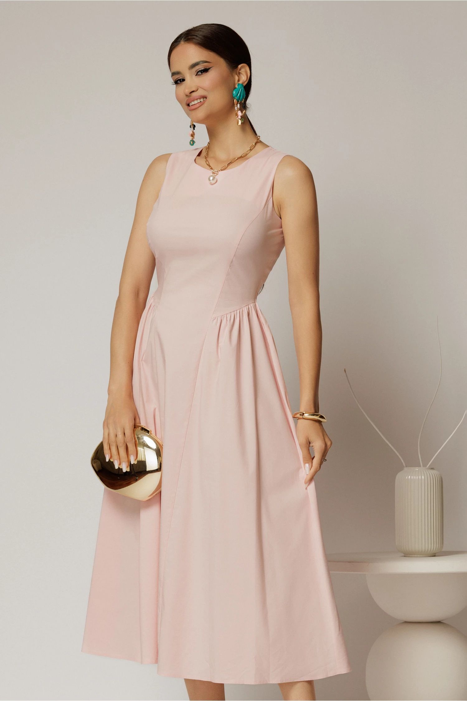 Rochie DY Fashion midi roz din bumbac cu cret pe solduri