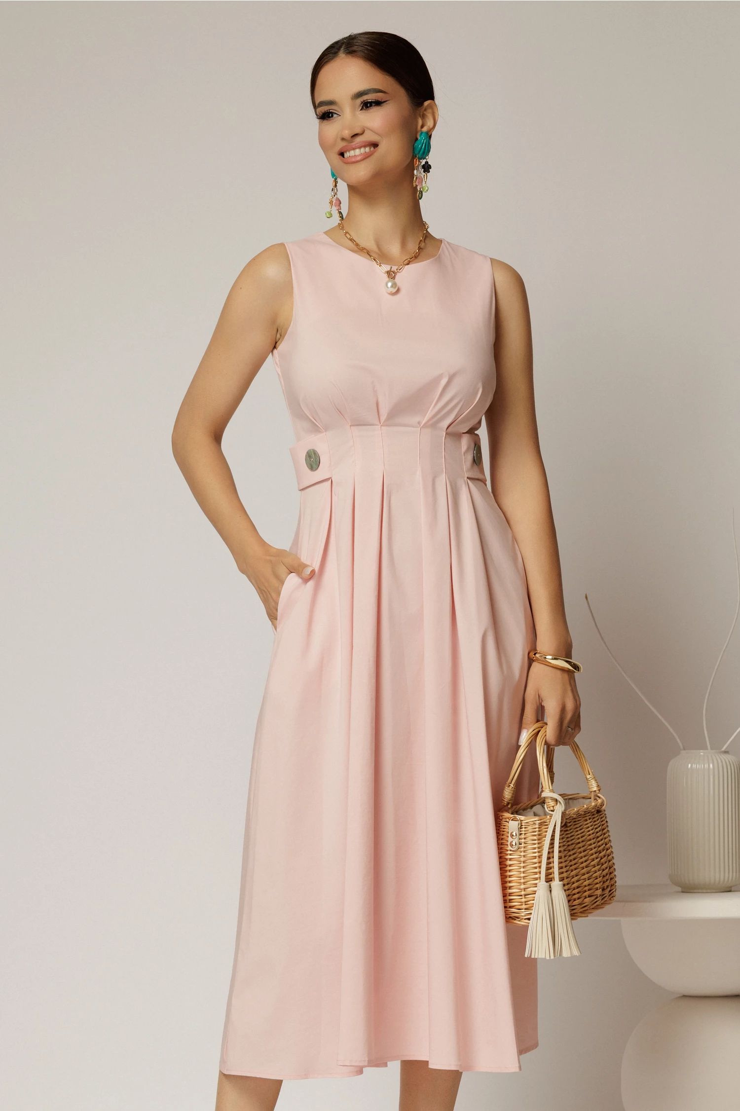 Rochie DY Fashion midi roz din bumbac cu nasturi si cusaturi pe talie