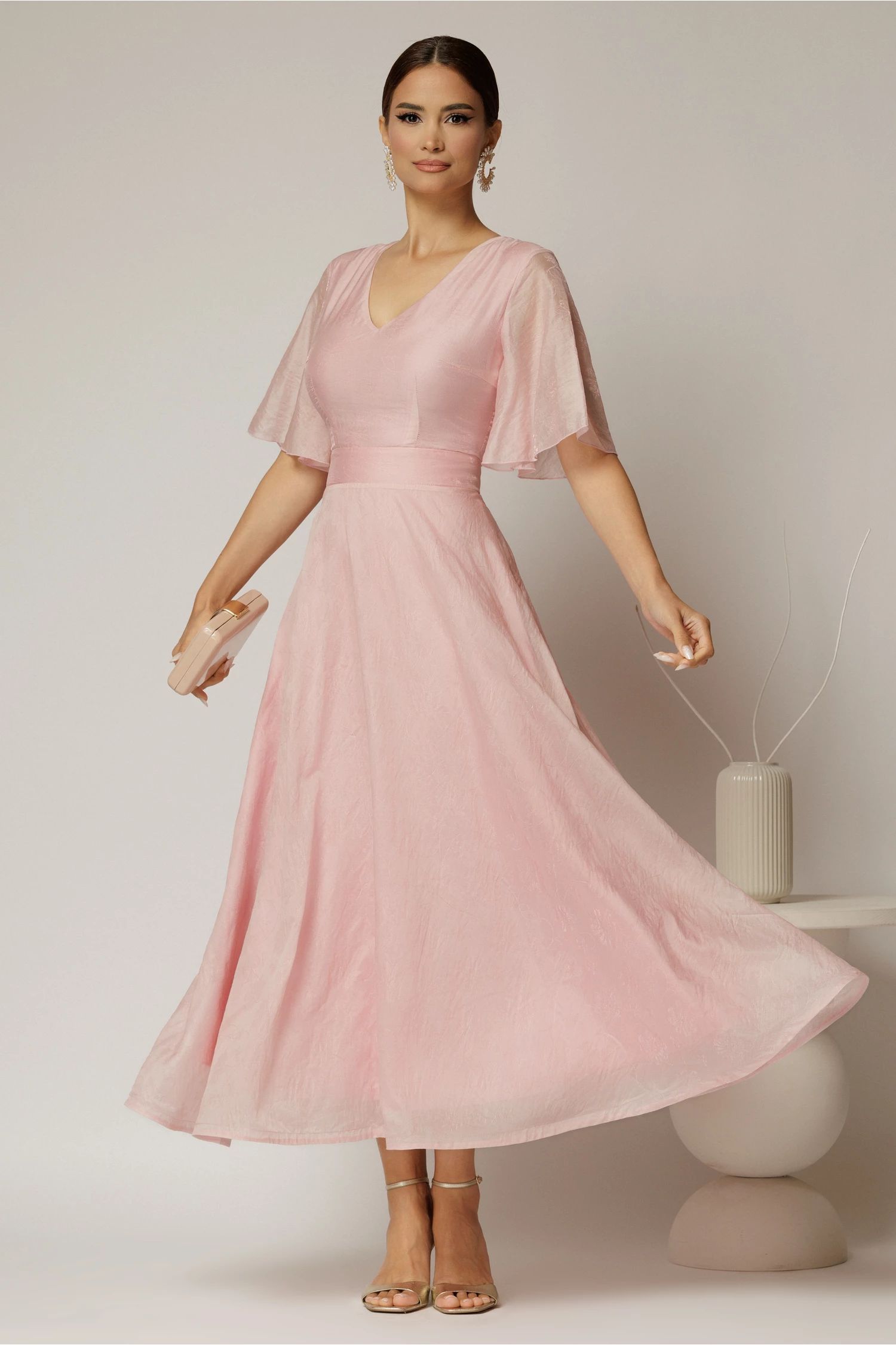Rochie DY Fashion midi roz din tencel cu insertii sidefate