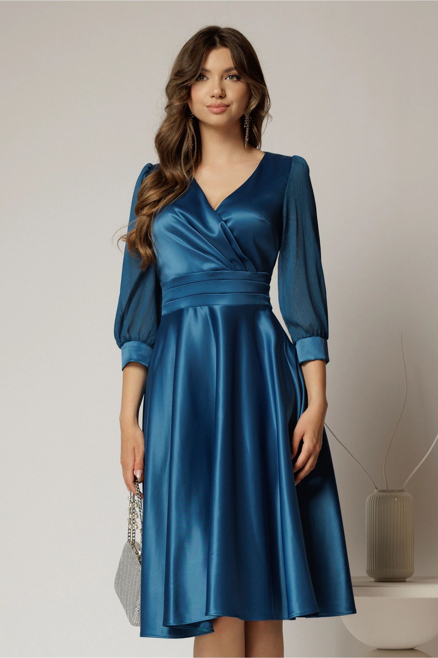 Rochie DY Fashion midi turcoaz din tafta cu maneci din voal cu lurex