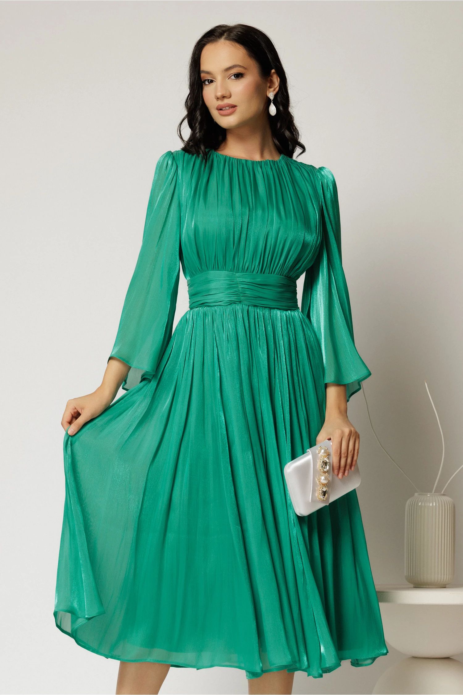 Rochie DY Fashion midi verde din voal peliculizat cu maneci ample